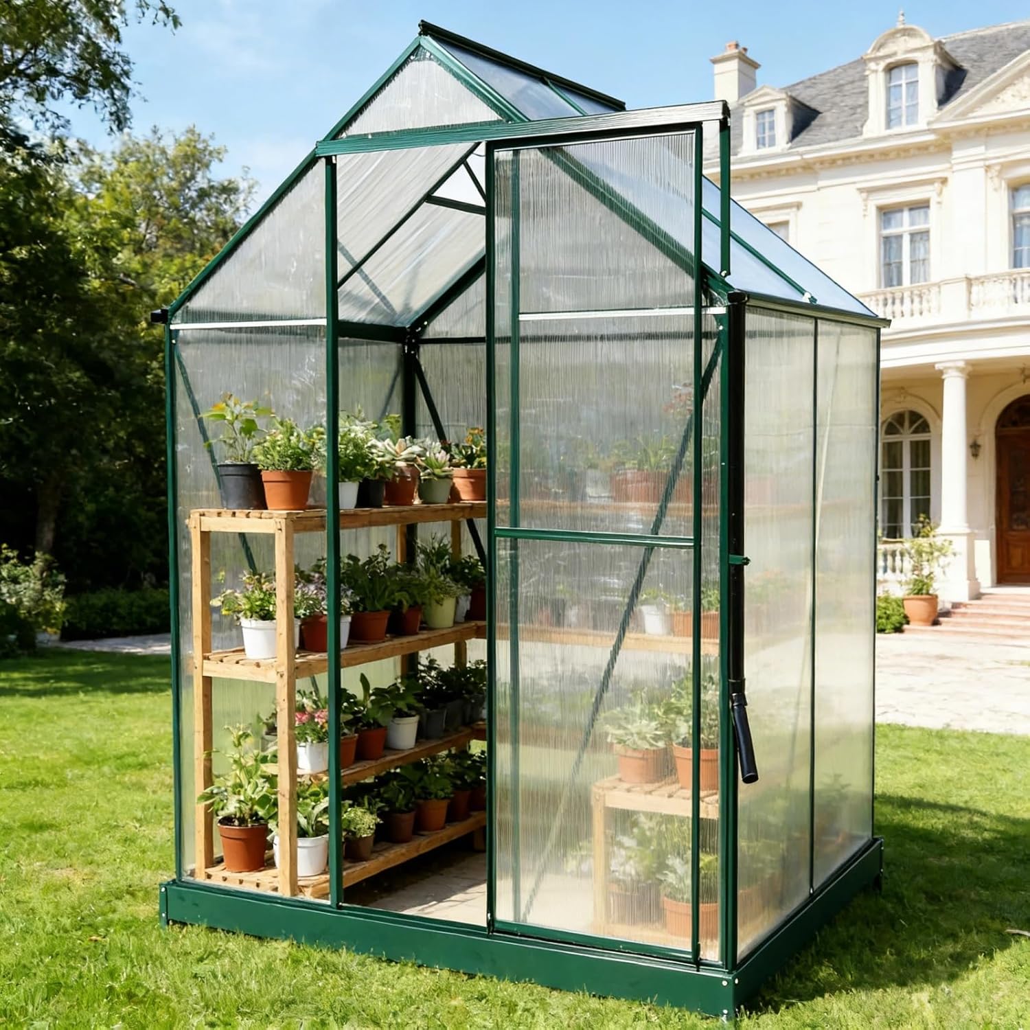 6x4 FT Greenhouse, Walk-in Polycarbonate Greenhouse, Heavy Duty Aluminum Outdoor Green House Kit with Sliding Door, Roof Vent, Rain Gutter for Backyard Garden All Season Growing, Green