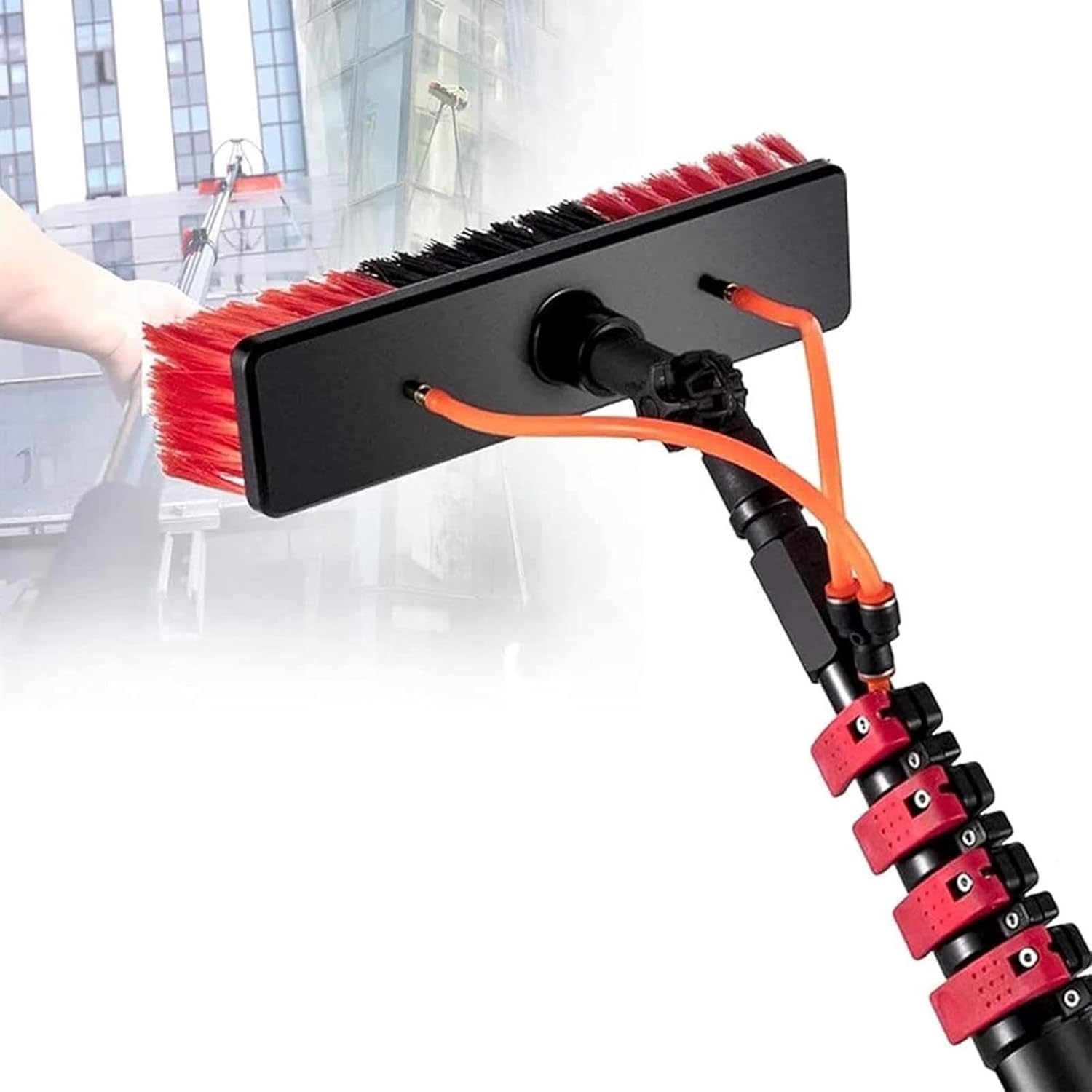 Window Cleaning Brush with Hose-Fed Telescopic Pole, Multi-Purpose Cleaning Tool for Solar Panels, Pool Walls, Tiles, and High Windows (55cm Brush Head 12M/39FT)