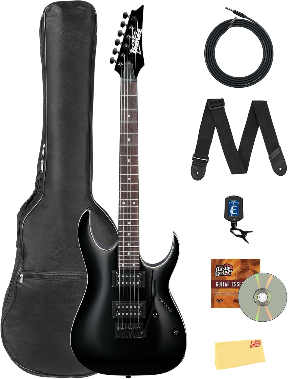 Ibanez GRGA120 RGA Gio Electric Guitar - Black Night Bundle with Gig Bag, Tuner, Strap, Instrument Cable, Austin Bazaar Instructional DVD, and Polishing Cloth