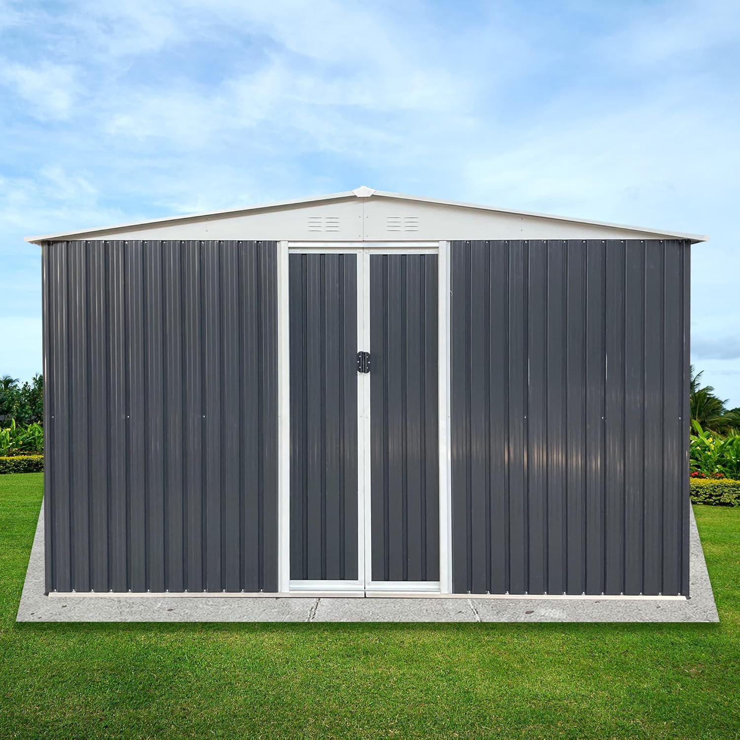 ZeHuoGe Outdoor Storage Sheds, Garden Shed with Windows, Metal Utility Tool House with Lockable Door, Heavy Duty Storage House (Grey, 12 x10 FT)
