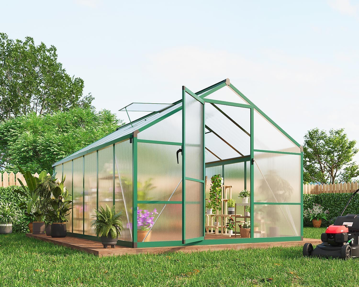 8X12 FT Greenhouse for Outdoors, Polycarbonate Flower Greenhouse with Roof Vent, Push-Pull Lockable Door, Aluminum Walk-in Greenhouses for Outside Garden Backyard, Patio, Lawn, Green