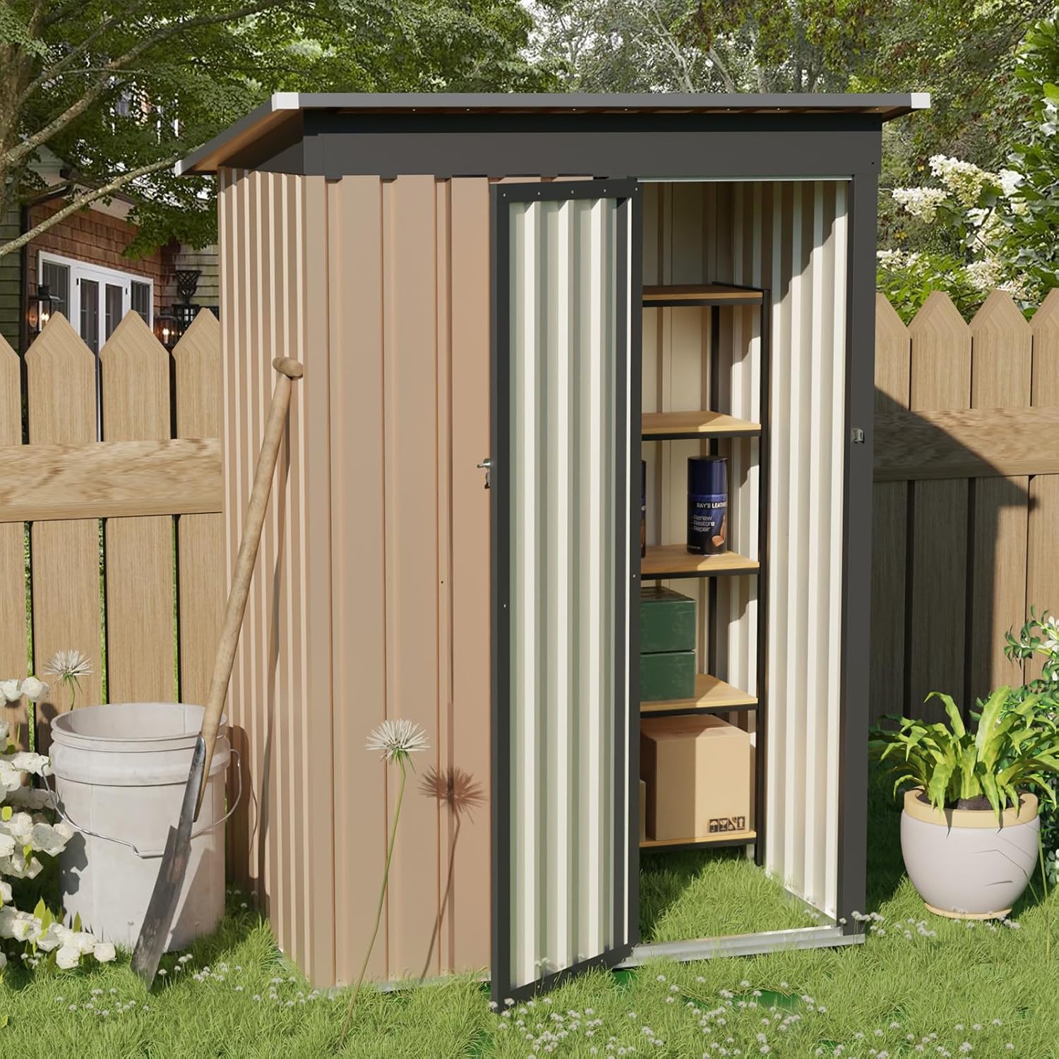 4.27 x 2.42FT Outdoor Storage Shed, Utility Tool Shed with Door & Lock Metal Storage Garden Shed for Patio Storage (Black+Brown, 4.27FT x2.42FT)