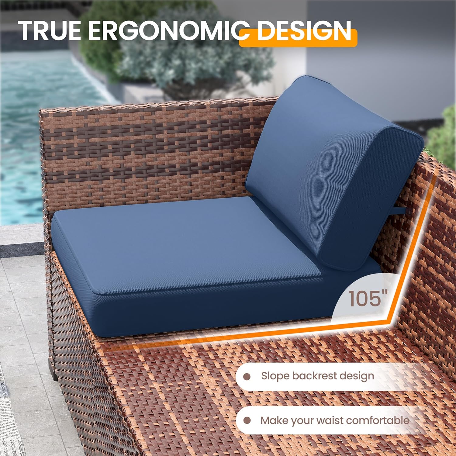 UDPATIO Patio Furniture Set with 44'' Fire Pit Table,Modular Outdoor Furniture Sets,Slanted Back Outdoor Sectional Conversation Set PE Rattan Sofa for Backyard W/Coffee Table,4'' Cushions,8 PCS,Blue