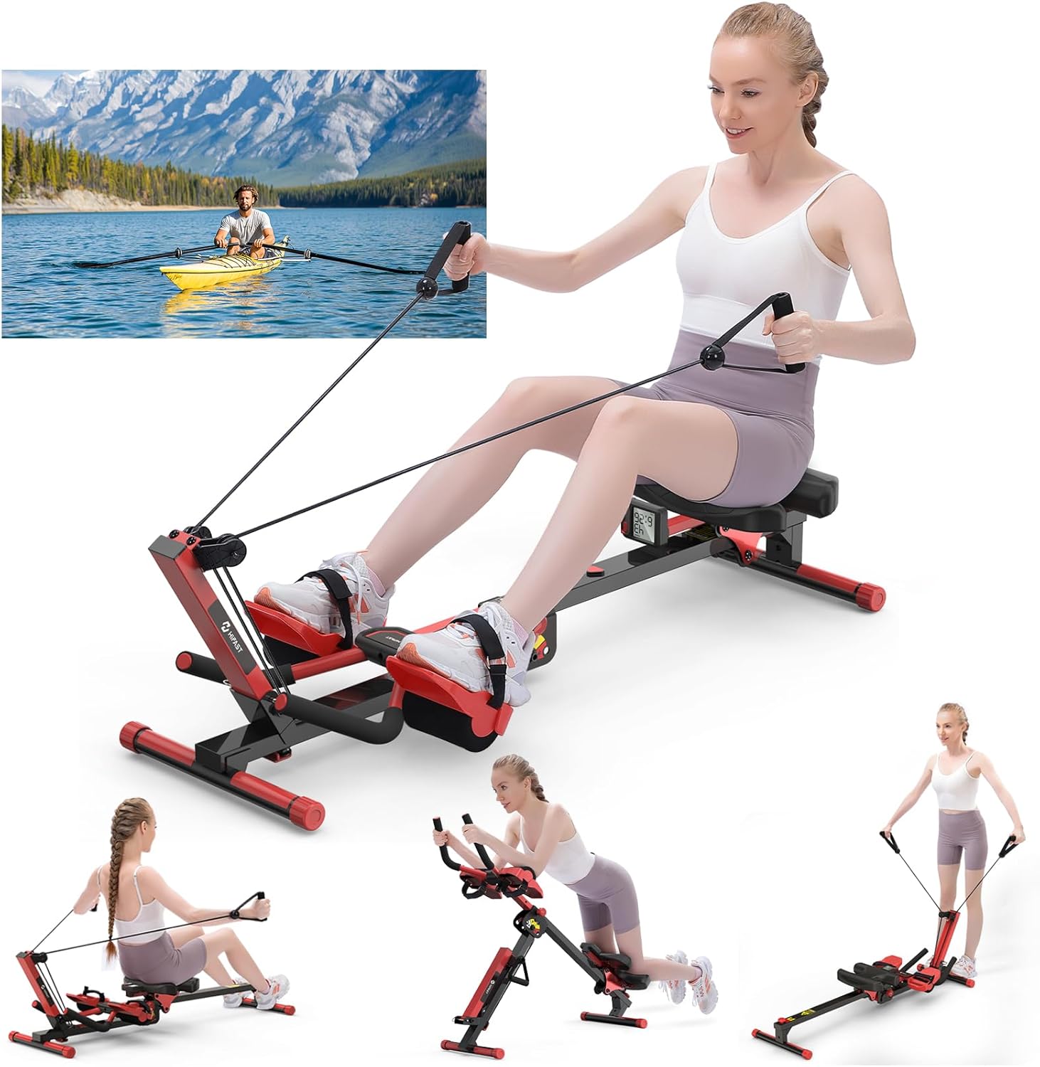 Rowing Machines for Home, 4 in 1 Rowing and Ab Machine with 2 Levels of Workout Resistance, Quiet & Foldable Row Machine with 3 Adjustable Handle Heights & LCD Monitor, Rower Machine for Home