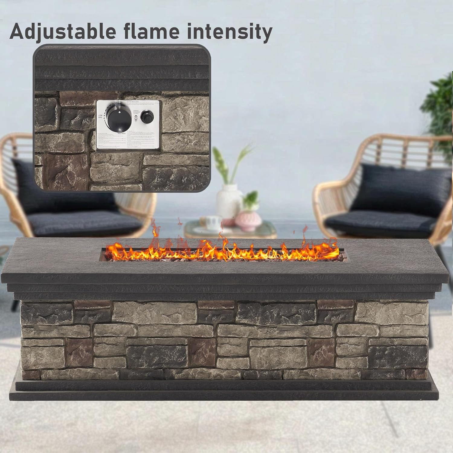 56'' Propane Fire Pit Table, 50,000 BTU Rectangle Outdoor Gas Firepit, Imitation Stone Concrete fire Pit Table with Auto-Ignition for Patio, Deck, Garden