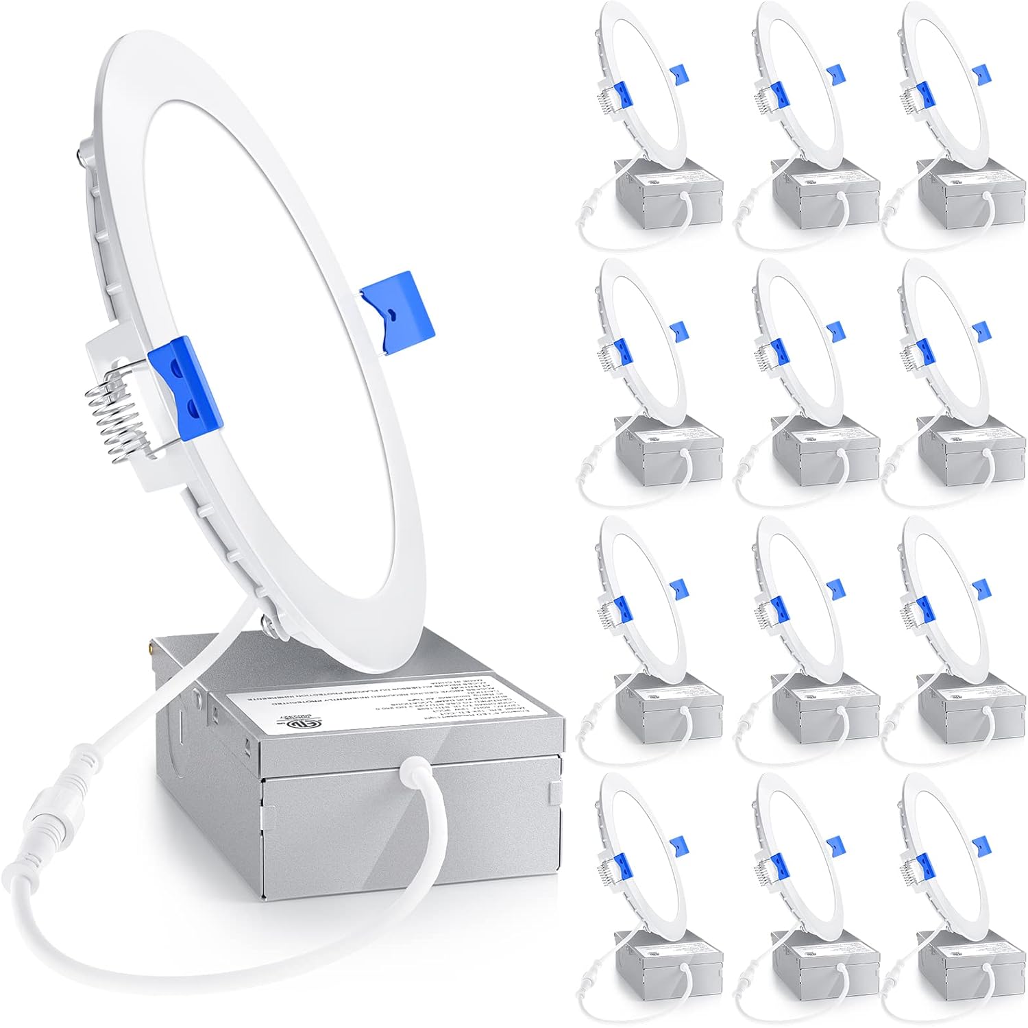 Ensenior 12 Pack 6 Inch LED Recessed Light, Dimmable, 6000K Clear White, 1200LM High Brightness, 12W 120V, 2 Pin, ERL-12X-ETL, Damp Rated, Ultra-Thin Canless Wafer Ceiling Light - ETL & FCC & IC