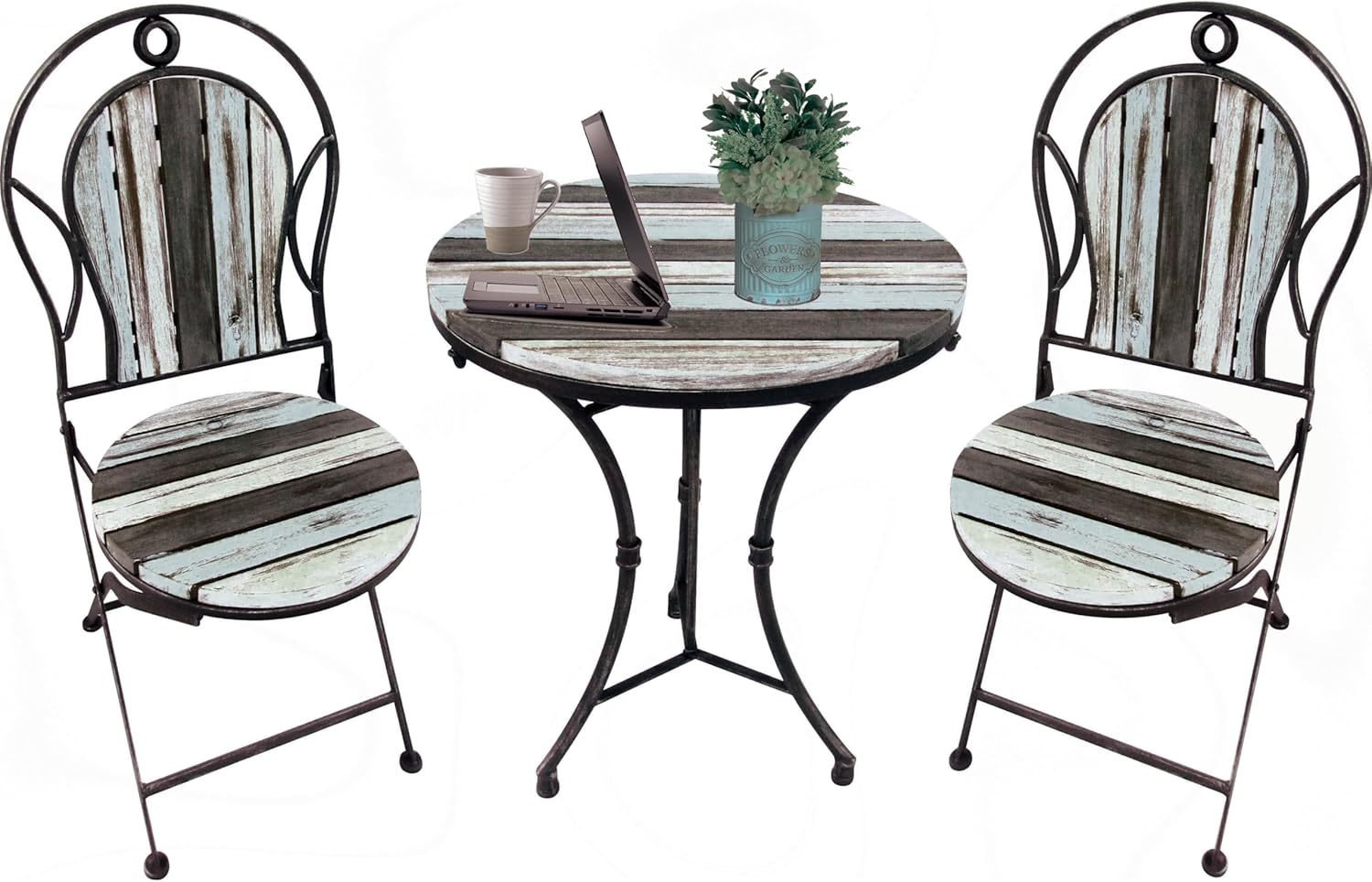 Backyard Expressions Rustic Farmhouse 3-Piece Bistro Set – Foldable Table & Chairs with Durable Wrought Iron Frame – Compact Outdoor Patio Furniture for Porch, Balcony, or Garden (Multi-Color)