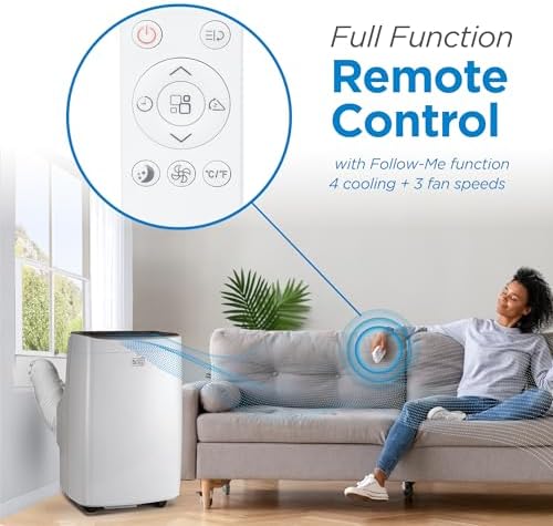 BLACK+DECKER Portable Air Conditioner, 8,000 BTU (3,950 BTU SACC) for Rooms up to 400 Sq. Ft., Portable AC with Follow Me Remote Control and Window Kit, BPACT08WT, White