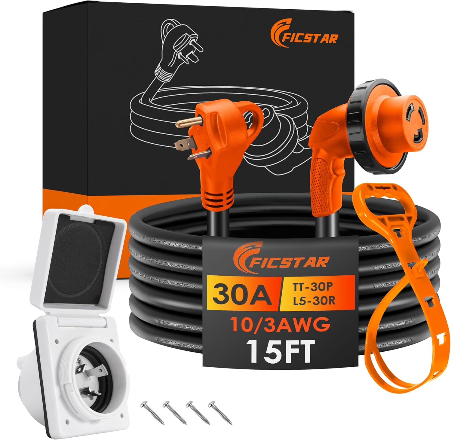 30 Amp RV Extension Cord,15 ft,Heavy Duty Generator Extension Cord with LED Power Indicator;30 AMP Twist Lock RV Power Inlet 125V/120V