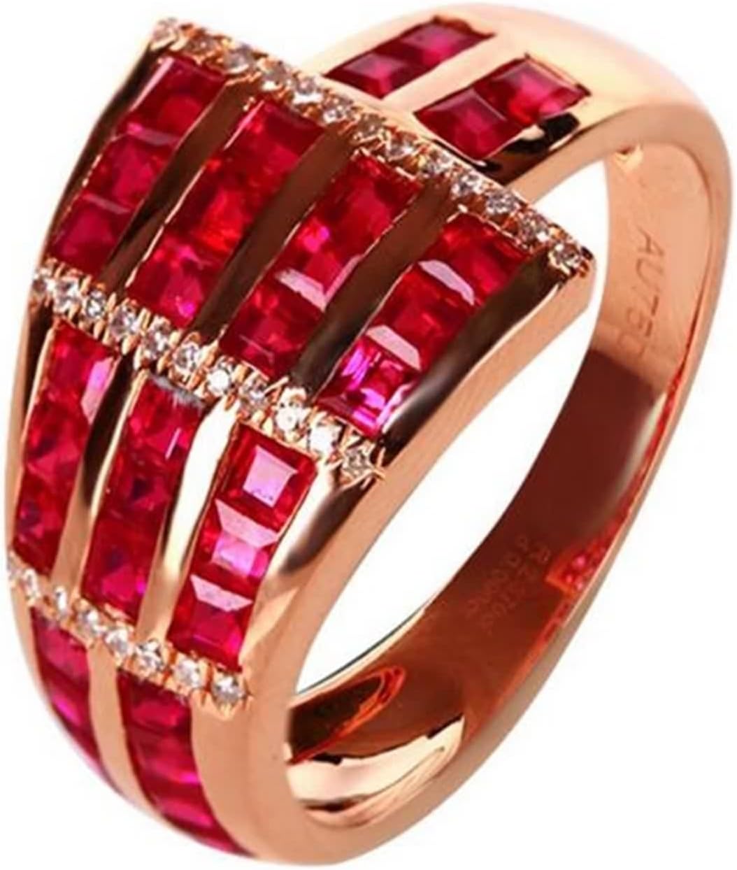 18K Yellow Gold Ring for Women, Wedding Bands Unique Lab Created Ruby Drill Row Yellow Gold Ring with Moissanite for Mother