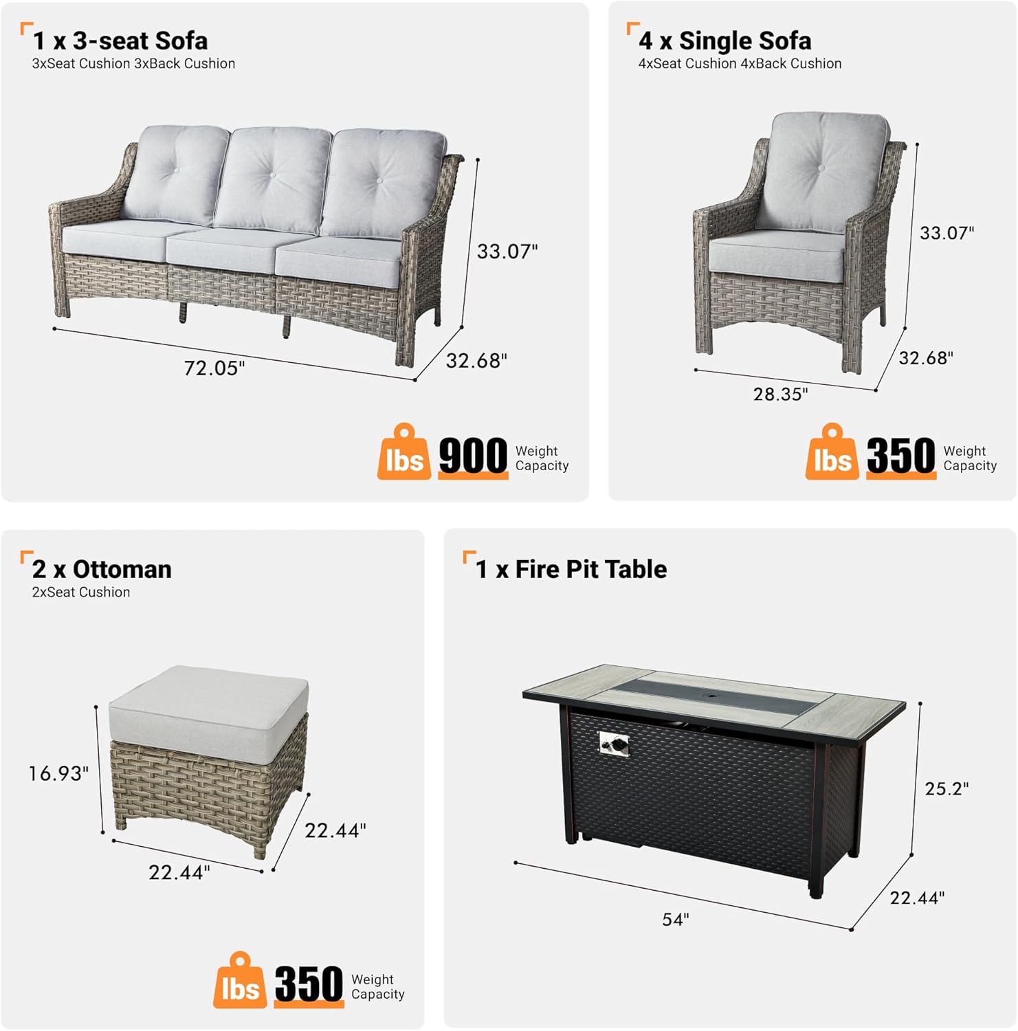 ovios Outdoor 10 Piece Patio Furniture with 54in Fire Pit Table,Wicker Coversation Set with Swivel Rocking Chair,Comfy Sectional Deep Sofa with Ottoman for Outside Porch Balcony Backyard,Light Grey