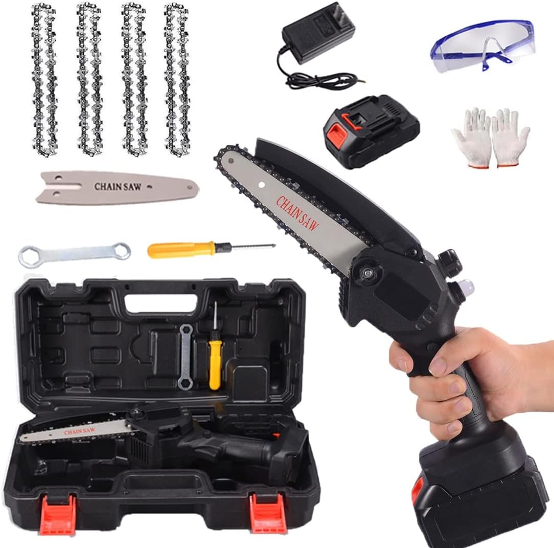 24V 6 Inch Cordless Battery Powered Chain Saw,Mini Chainsaw,electric chainsaw, handheld mini chainsaw forcutting Pruning and Gardening and one-hand chainsaw ( Color : Black , Battery *1 : 4*Chain )