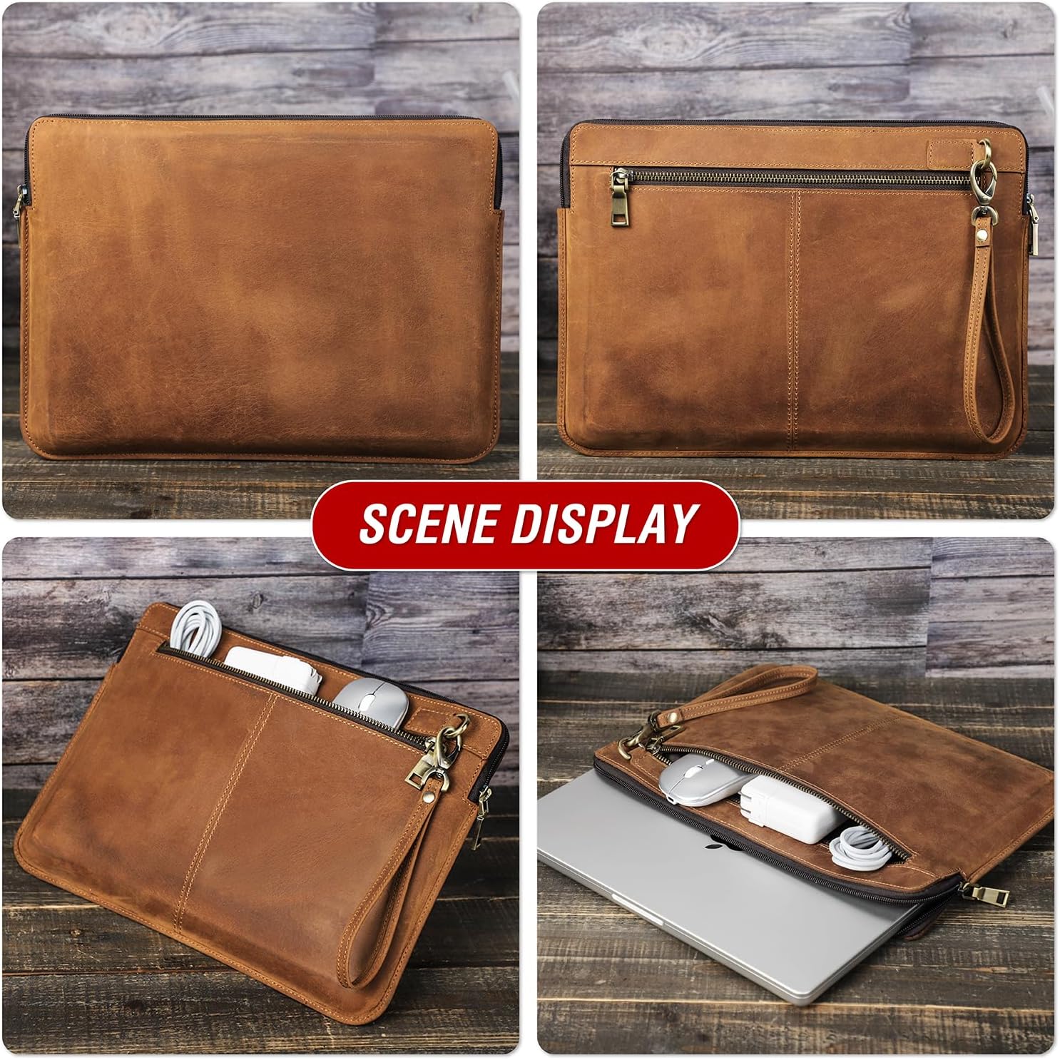 Top Grain Leather Text Customizable Laptop Sleeve Bag, Vintage Design with Multiple Pockets, Fully Handmade, Compatible with MacBook Pro/Air & iPad Pro/Air & Other PC & Accessories
