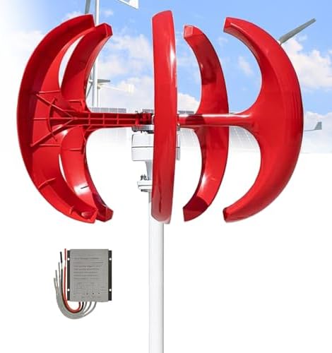 16000W Vertical Axis Wind Turbine, 12V/24V/48V 5-Blade 3-Phase AC Permanent Magnet Generator Kit with Controller for Hybrid Wind-Solar System (Red, 24V)