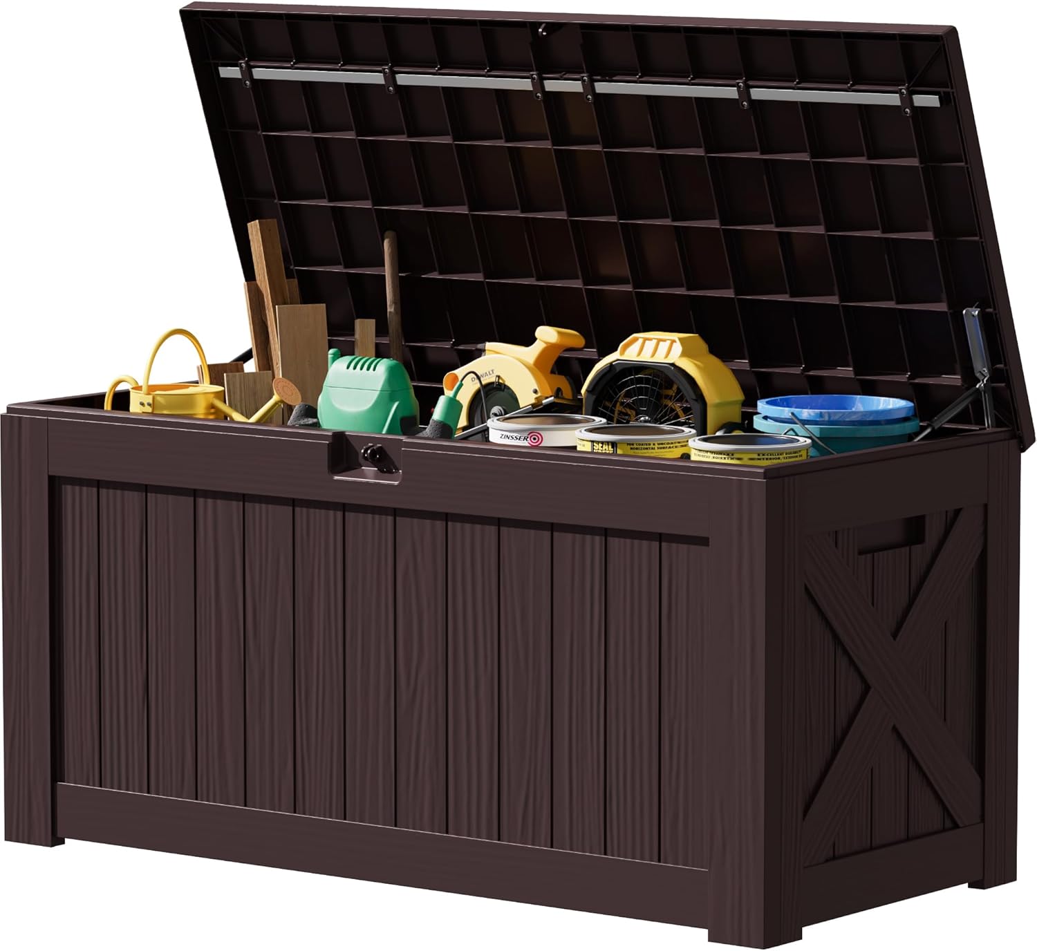 JUMMICO 120 Gallon Resin Deck Box, Large Outdoor Storage Box Waterproof & Lockable for Garden, Patio, Pools (Deep Brown)