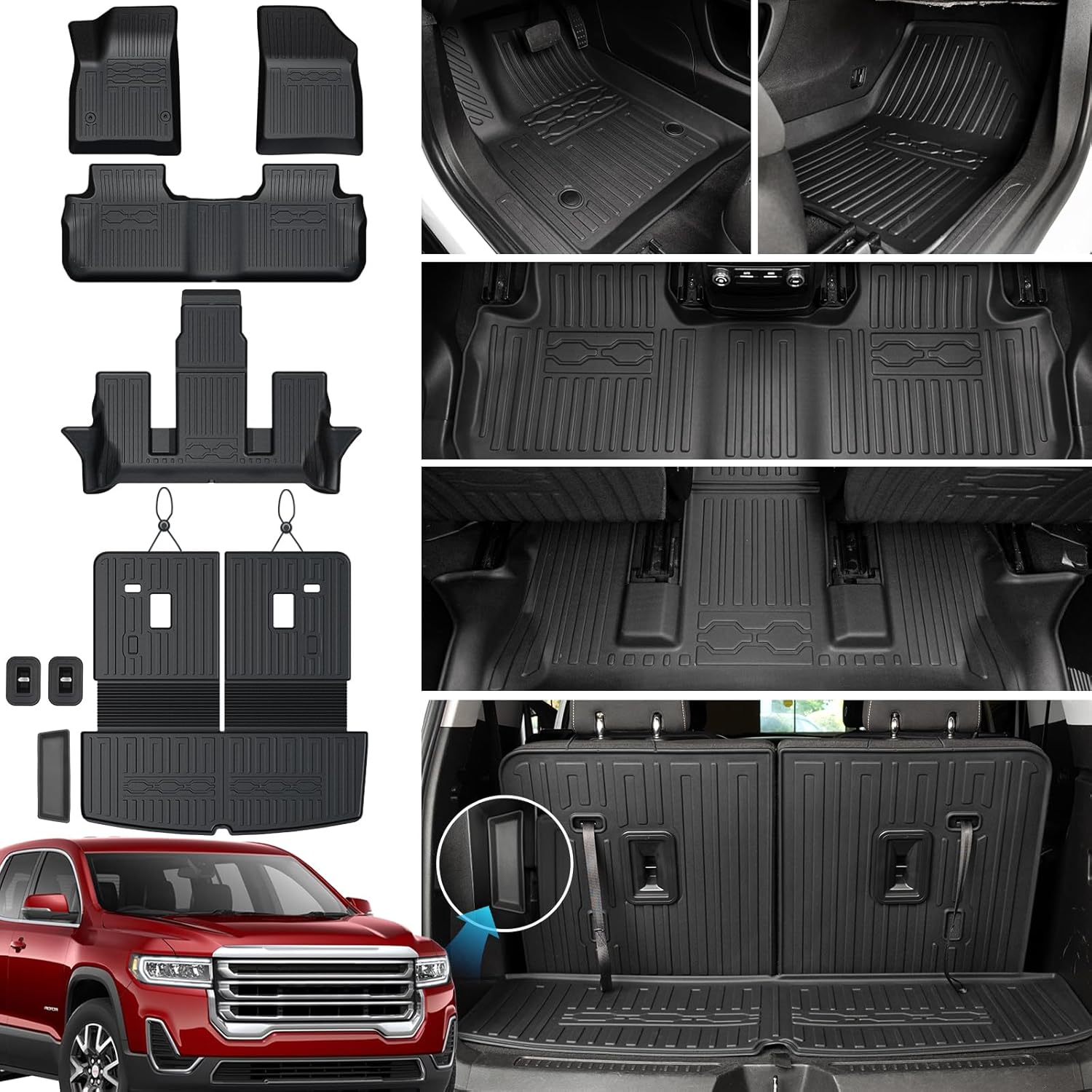 Floor Mats Cargo Mat Set for 2017-2023 GMC Acadia 6 Seats Captain Chairs Accessories, All-Weather TPE Trunk Mat Cargo Liner Backrest Mats SLE/SLT/AT4/DENALI(Floor Mats+2-in-1 Cargo Mat)