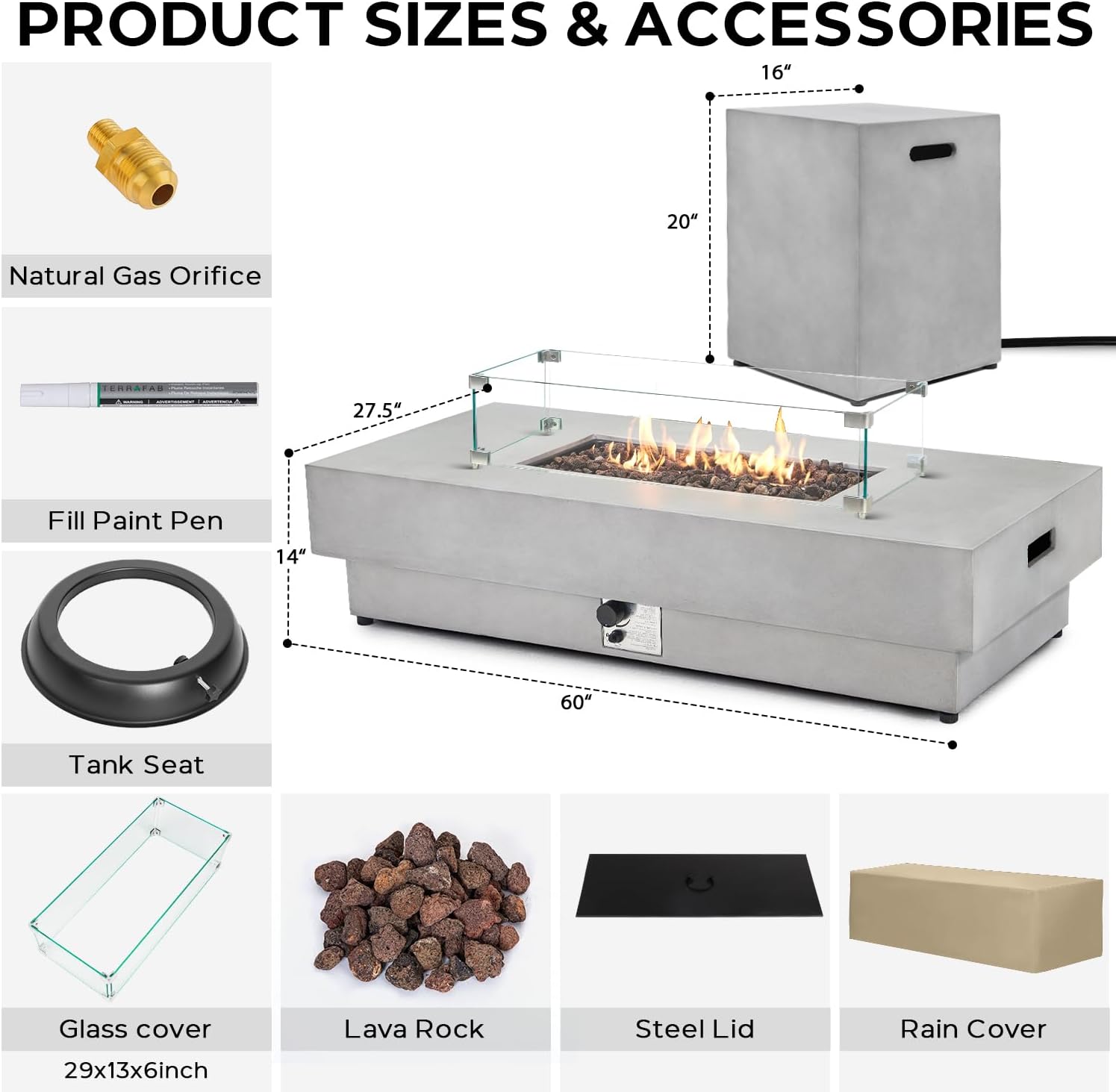 60 Inch Outdoor Propane Fire Pit Table w/Tank Cover Table Wind Guard, Natural Gas Firepit Table for Outside Patio, 50,000 BTU Rectangular Concrete Fire Table