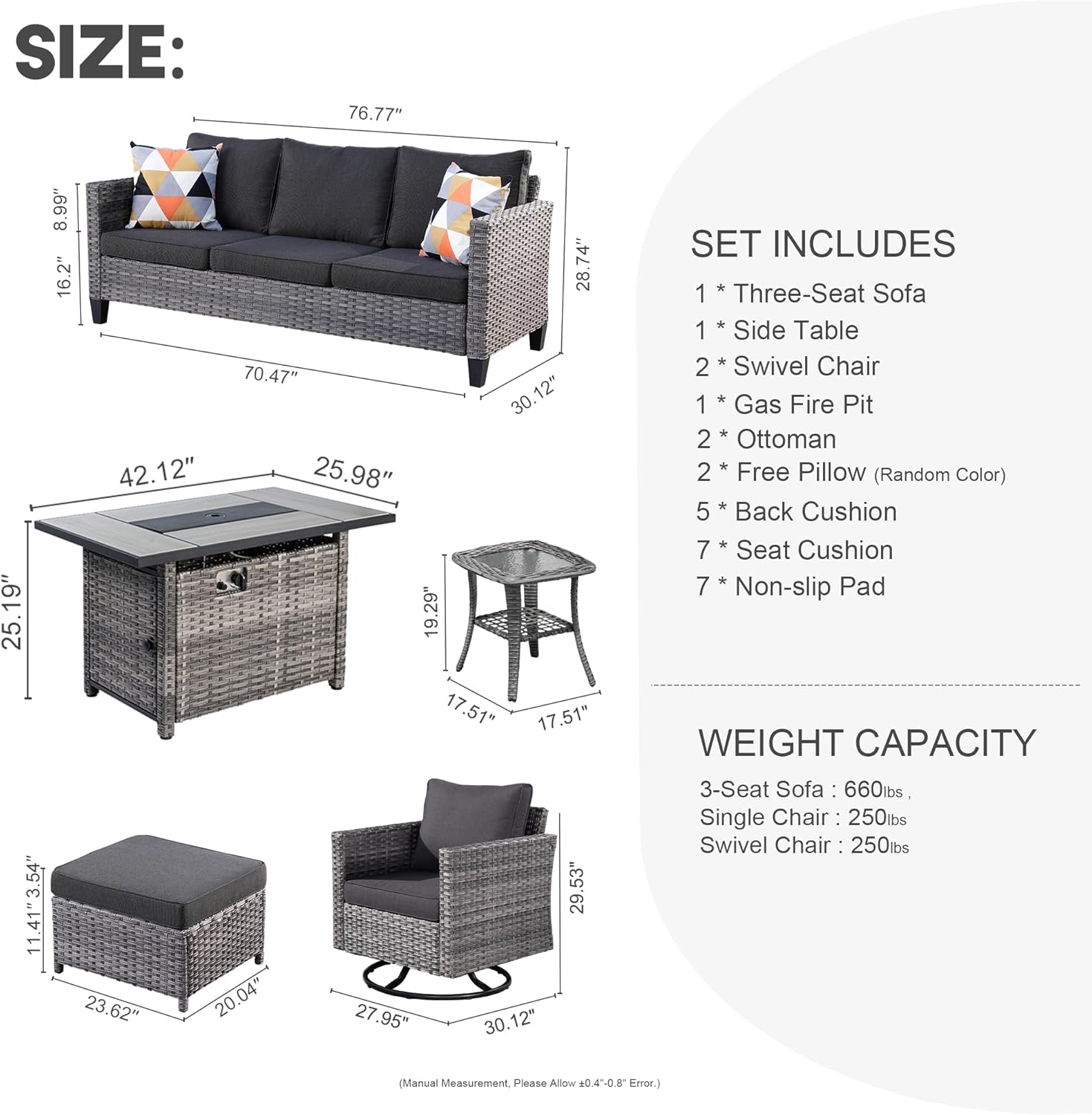 HOOOWOOO Patio Outdoor Conversation Set with Fire Pit Table,7 Pieces Outside Furniture Sofa Set with PE Wicker Swivel Rocking Chairs,Gas Fire Pit Table,Side Table and Ottomans,Black