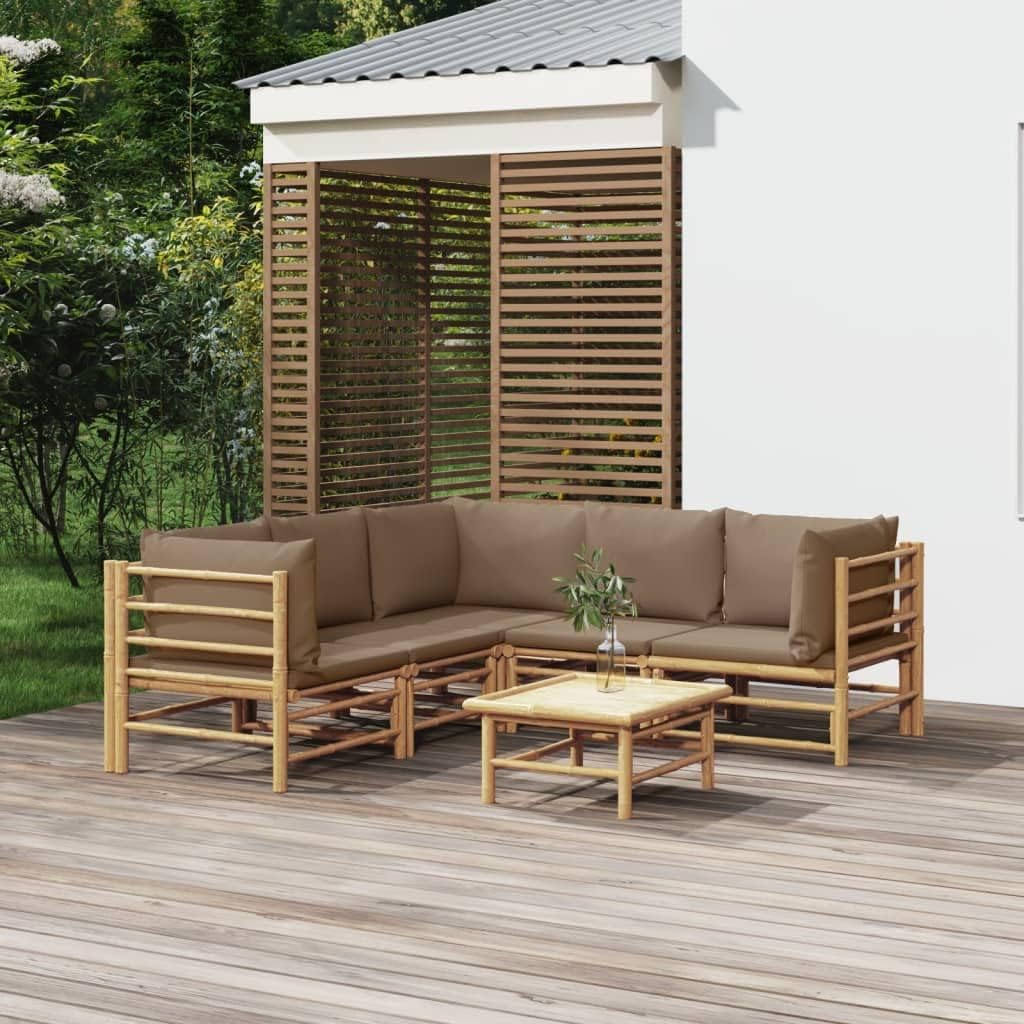 6 Piece Patio Lounge Set with Taupe Cushions Bamboo Garden Furniture