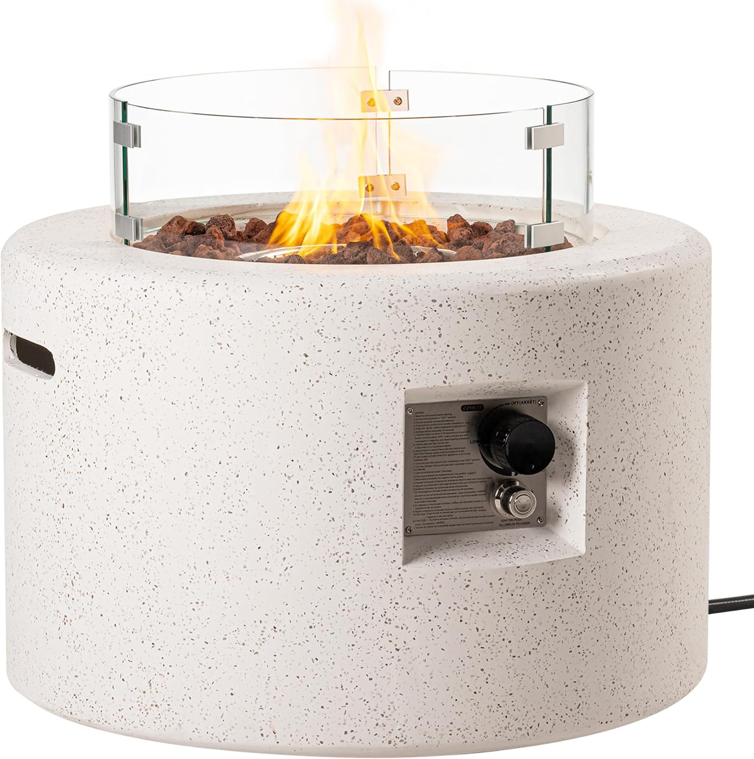 SUNBURY Outdoor Propane Fire Pit Table, 26 Inch Small Patio Gas Fire Table 50,000 BTU Column Fire Pit for Outside in Spotted White w Glass Wind Guard, Lava Rocks