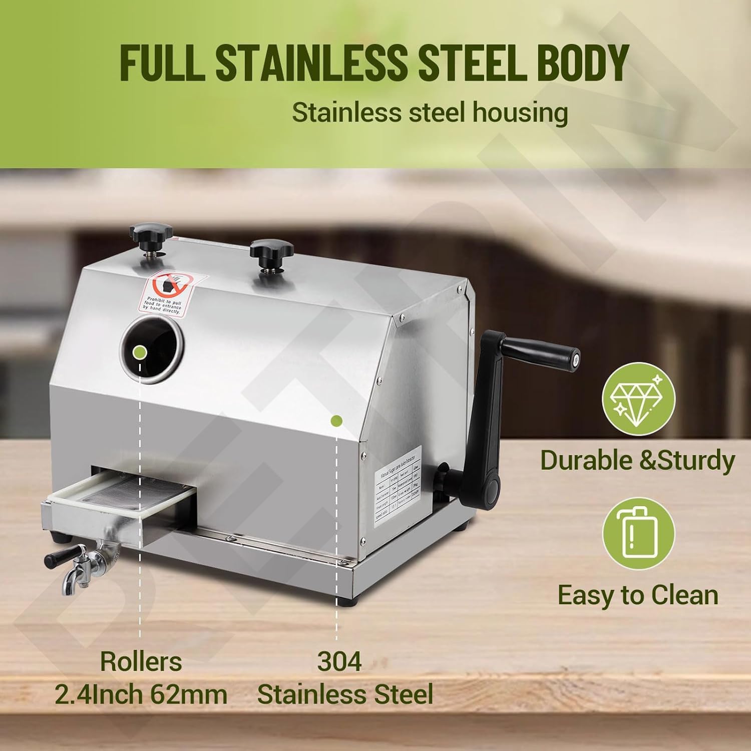 Manual Sugar Cane Juicer Machine,Commercial Sugar Cane Press with 3 Stainless Steel Drums and 2.4-inch Large Inlet,110LBS/H,for Hotel,Restaurant,Super Market