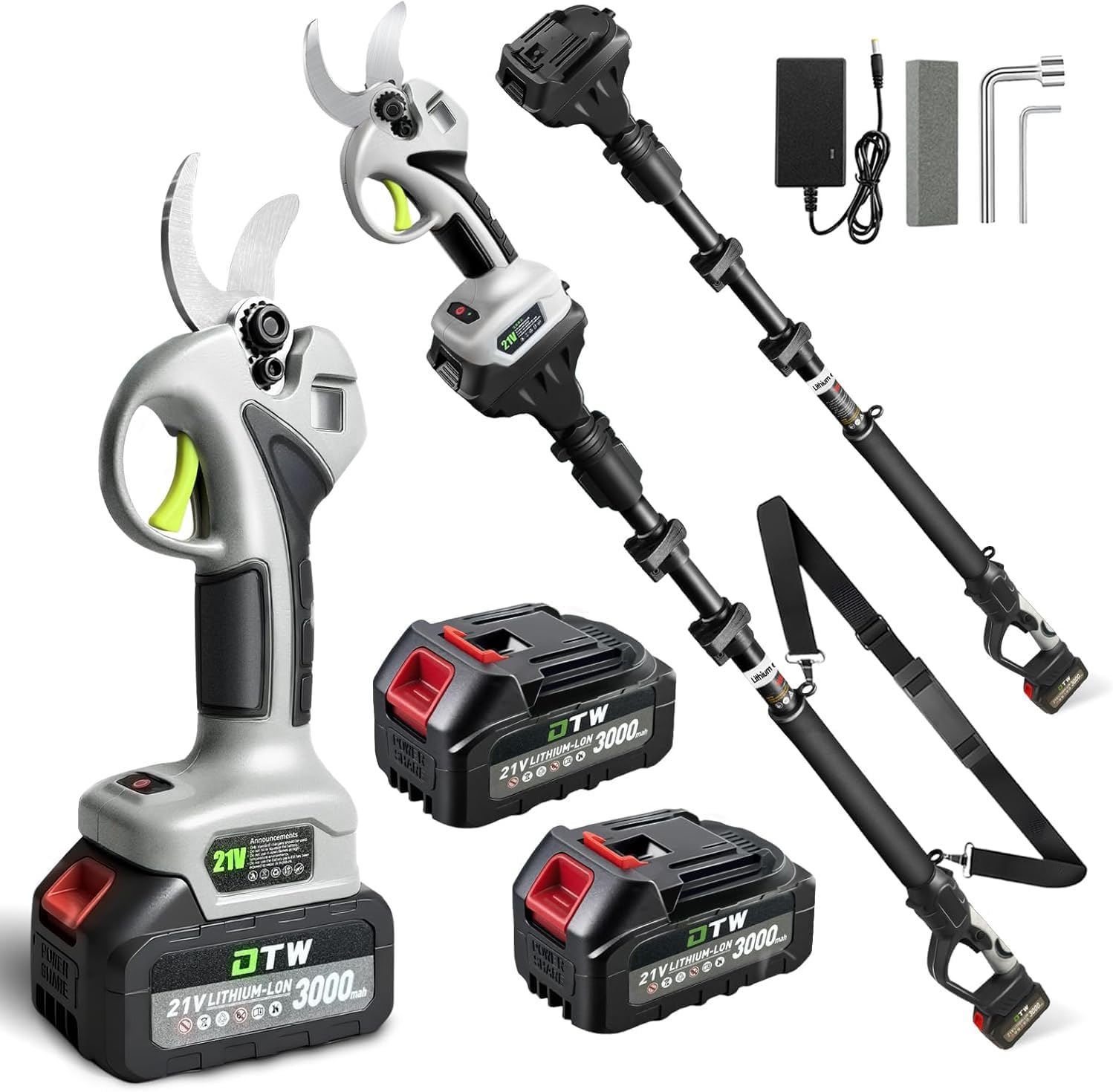 Electric Pruning Shears with Pole 1.4-2.0 Cutting Diameter & 2-IN-1 Electric Pole Pruner,2PCS 3.0Ah Batteries,Brushiless Motor,4 Modes Adjustable Branches Cutter for Flower, Tree Trimming(Gray)