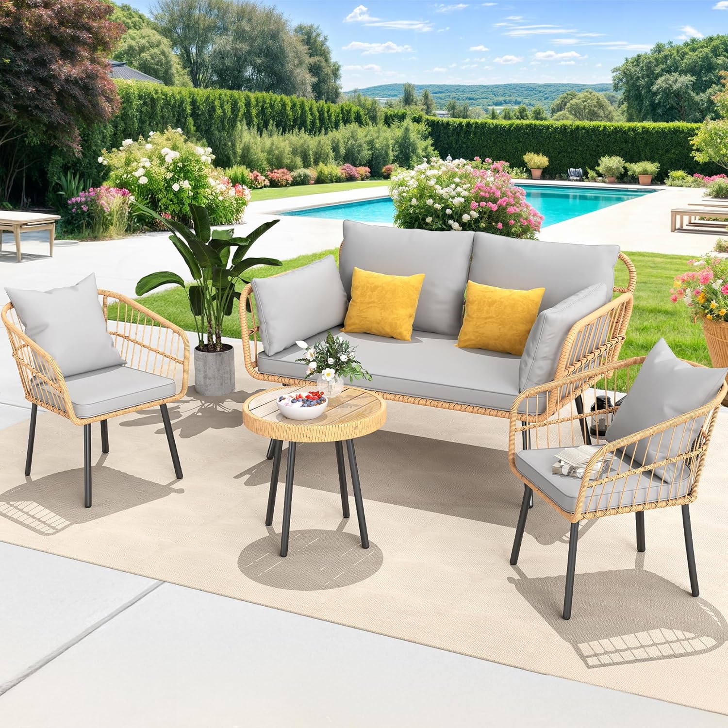 YITAHOME 4 Pieces Patio Furniture Set, Outdoor Wicker Bistro Set, All-Weather Rattan Patio Conversation Set with Loveseat Chairs Table Soft Cushions for Backyard, Pool, Deck, Garden - Grey