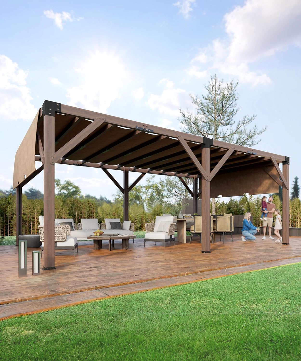 12 X 20 Ft Wood Pergola with Retractable Sunshade Canopy, Solid Structure, Outdoor Pergola for Backyard, Deck, Garden (Reddish-Brown)