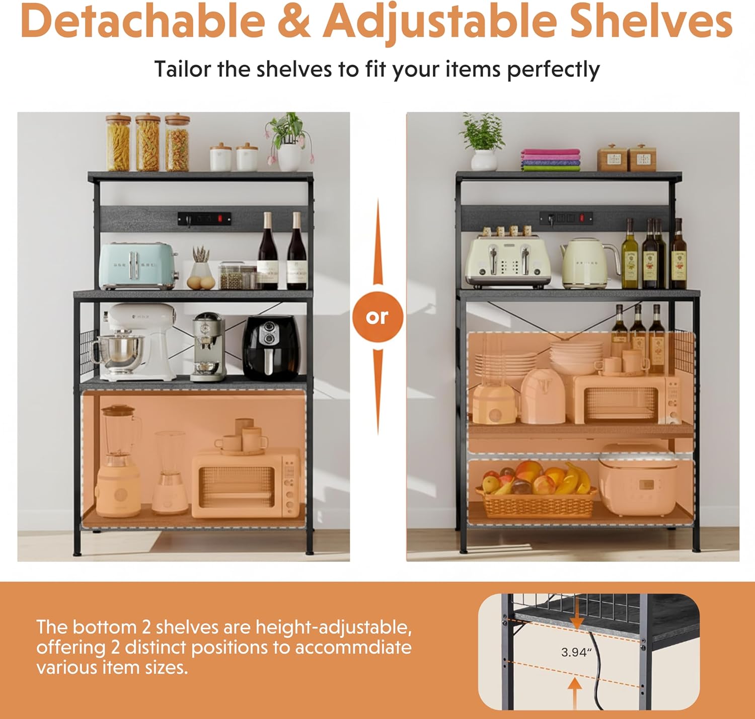 Simple Deluxe Kitchen Bakers Rack with Power Outlet, Coffee Bar Accessories Table, 4-Tier Adjustable Storage Shelf for Spices, Freestanding Appliance Organizer, 31.5 Inch, Gray