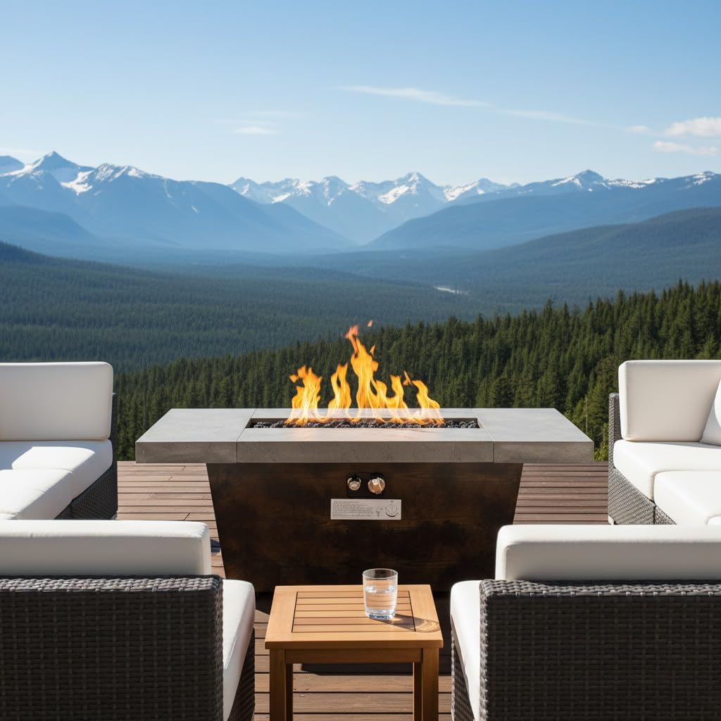 Modern Outdoor 42-Inch Rectangular Gas Fire Pit Table, Cement Grey Iron Construction with Wood Grain Base, 50000 BTU Propane Heating for Patio, Garden, 41.73 x 23.62 x 15.55 Inches