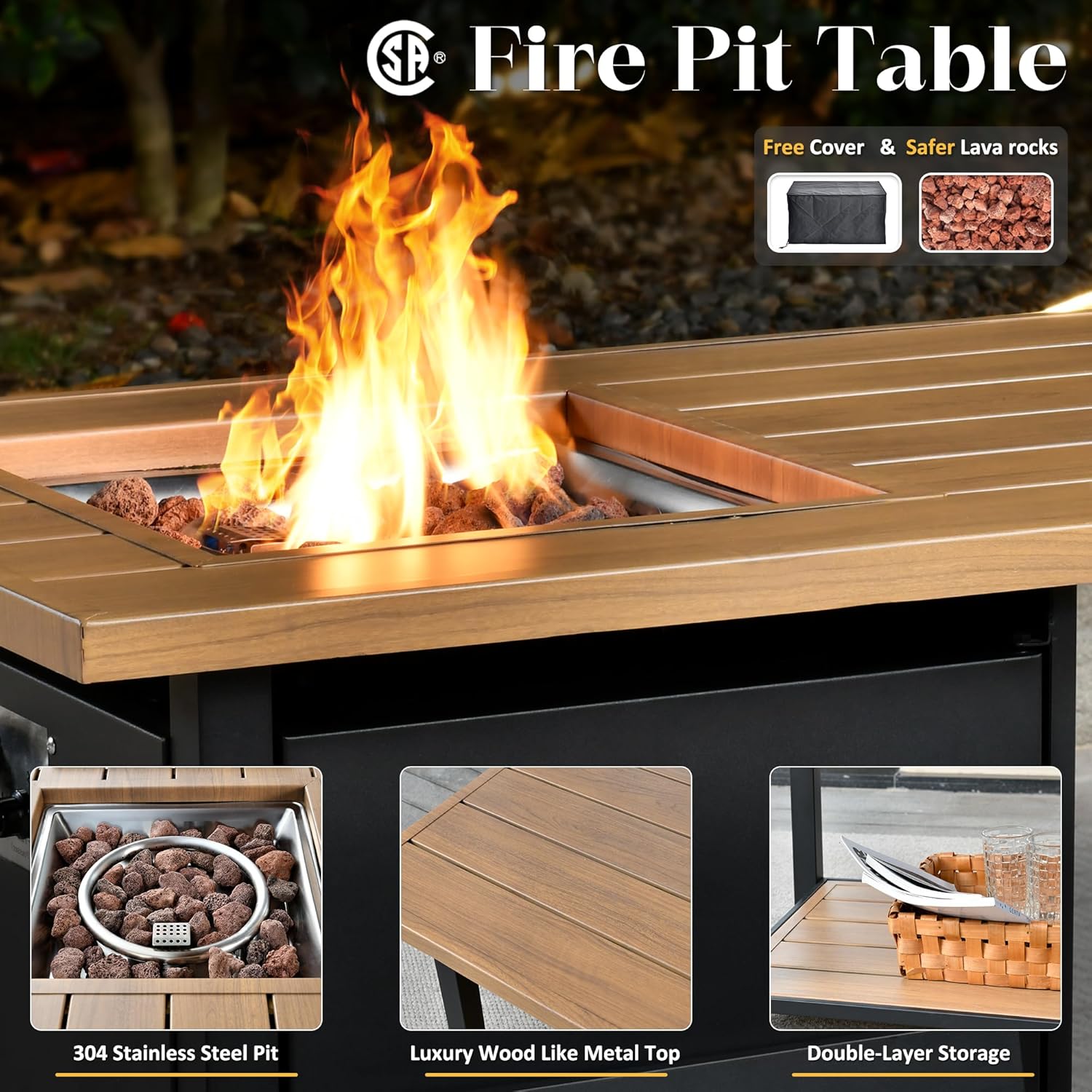 Patio Furniture,All Weather Wicker 6 PCS Outdoor Sofa with High Back Swivel Rocker Chairs,Conversation Set with 42 inch Fire Pit,Light Rattan Black Cushion