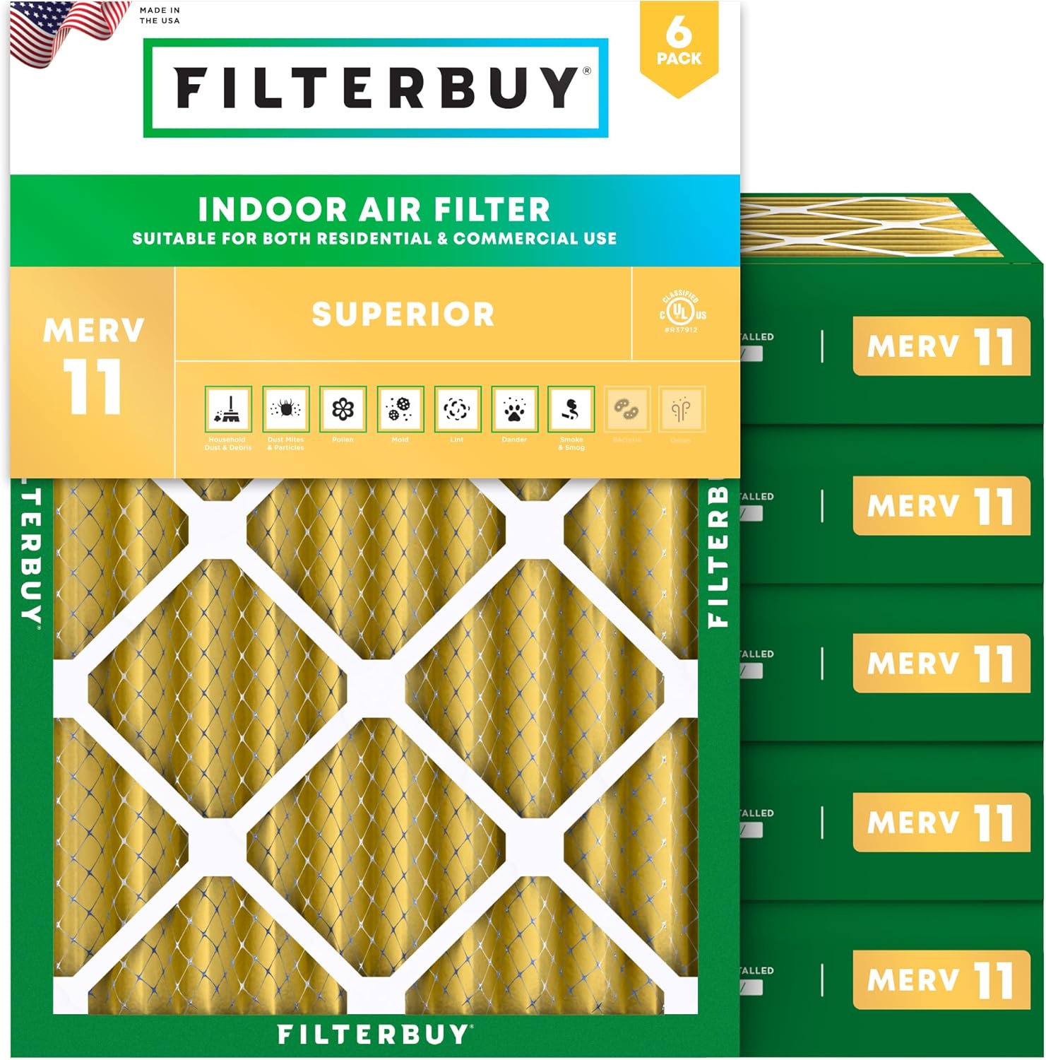 Filterbuy 25x29x4 Air Filter MERV 11 Superior Pet & Allergy Defense (6-Pack), Electrostatic Pleated HVAC AC Furnace Filters Replacement, Made in USA (Actual Size: 24.38 x 28.38 x 3.63)