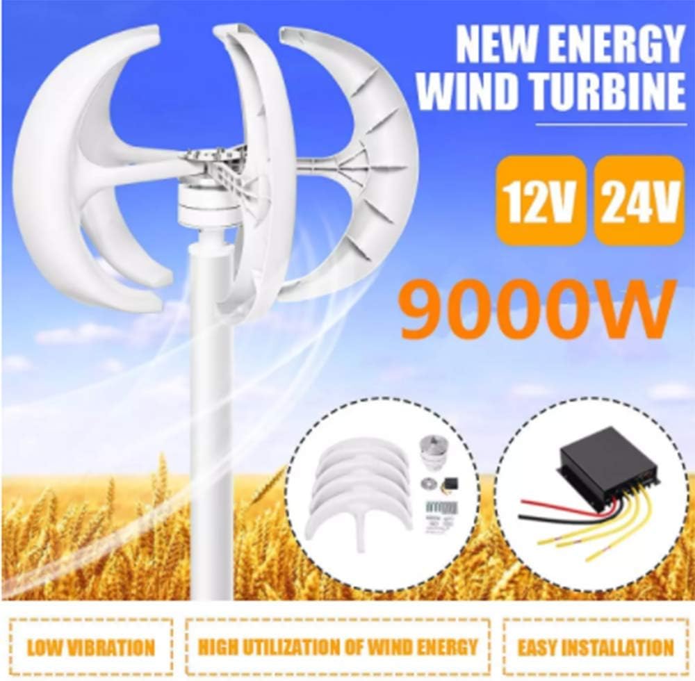 9000W 12V 24V 5 Blades Lantern Wind Turbines Generator Vertical Axis Motor Kit for Home Hybrids Streetlight Use Electromagnetic,12v