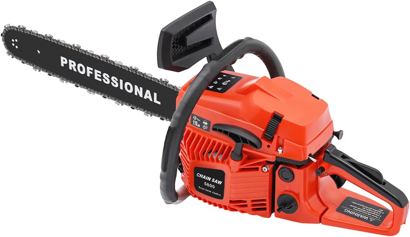 20 Inch Gas Chainsaw, 58CC 2-Stroke Professional Gasoline Powered Chainsaw 2.6KW 10500RPM Handheld Cordless Petrol Chain Saws Power Head for Cutting Wood Outdoor Garden Farm & Home (Red)