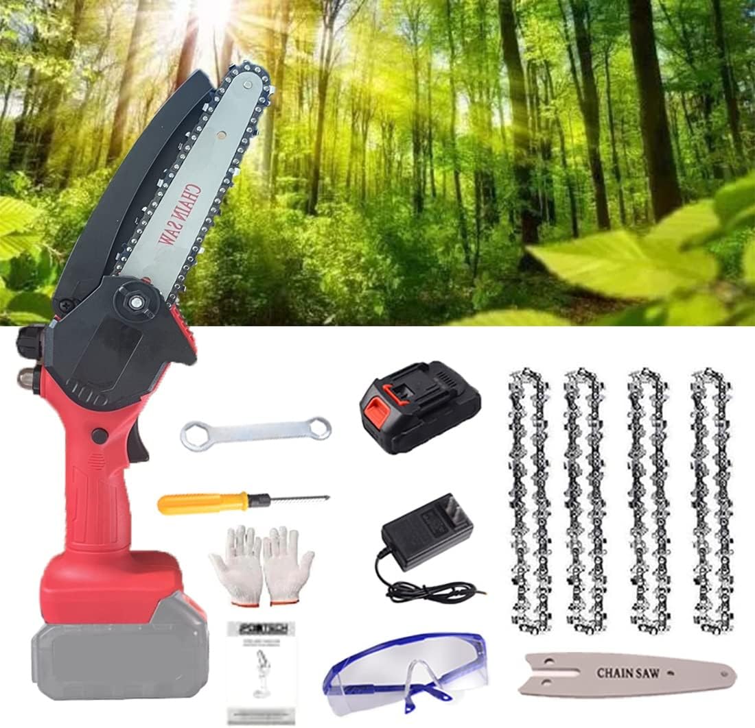Mini Chainsaw,24V 6 Inch Cordless Battery Powered Chain Saw, Handheld Mini Chainsaw for Cutting Pruning and Gardening and one-Hand Chainsaw (Color : Red)