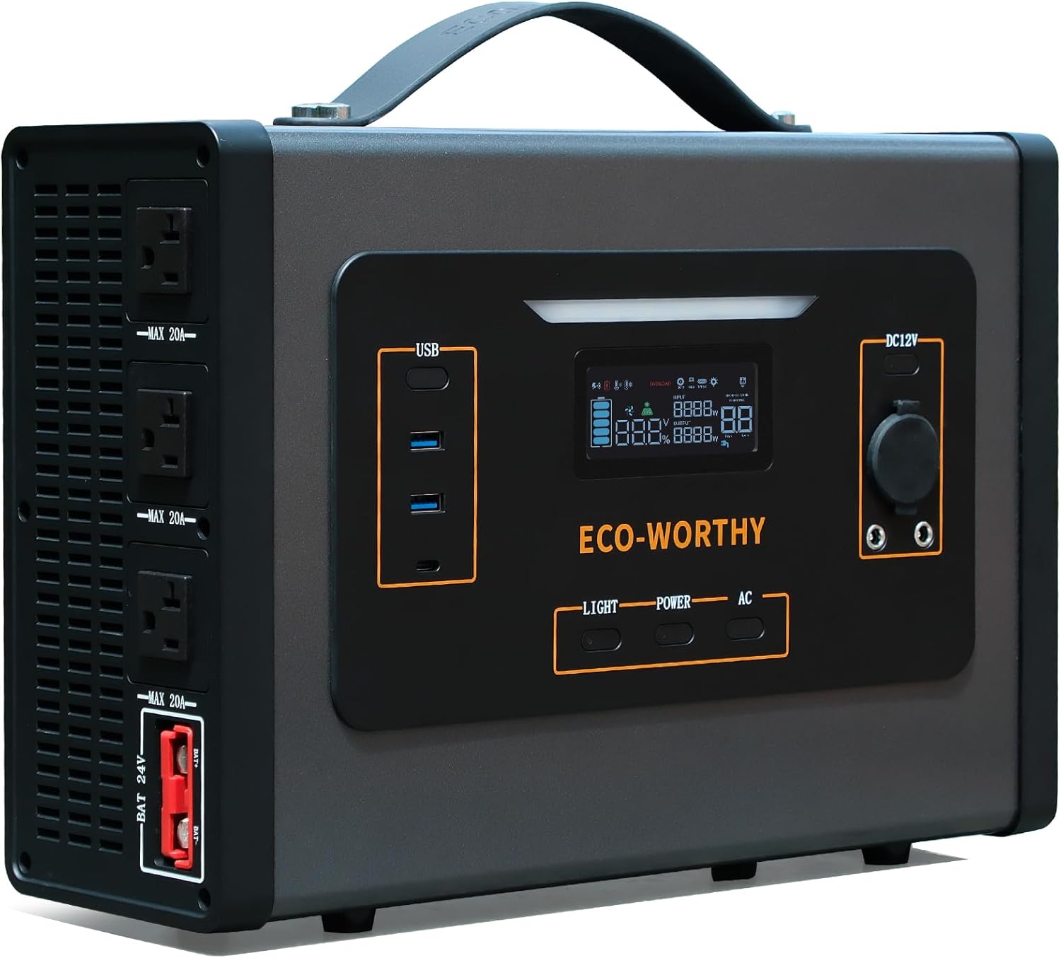 ECO-WORTHY 2000W Portable Inverter Charger,25A MPPT Solar Controller 500W Solar panles Input for 24V LiFePO4 Lithium Battery for RV Off-Grid Household Outdoor Camping