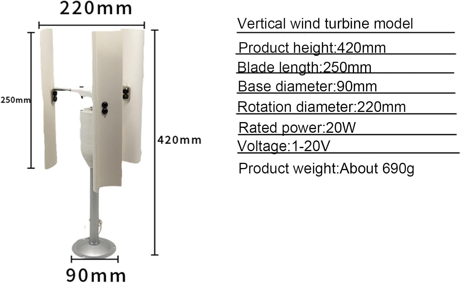 Three-Phase Permanent Magnet Generator 3 Blades 20W Vertical Axis Wind Turbine Model Vertical Axis Windmill Wind Turbine Model Toy Night Light Production DIY Display