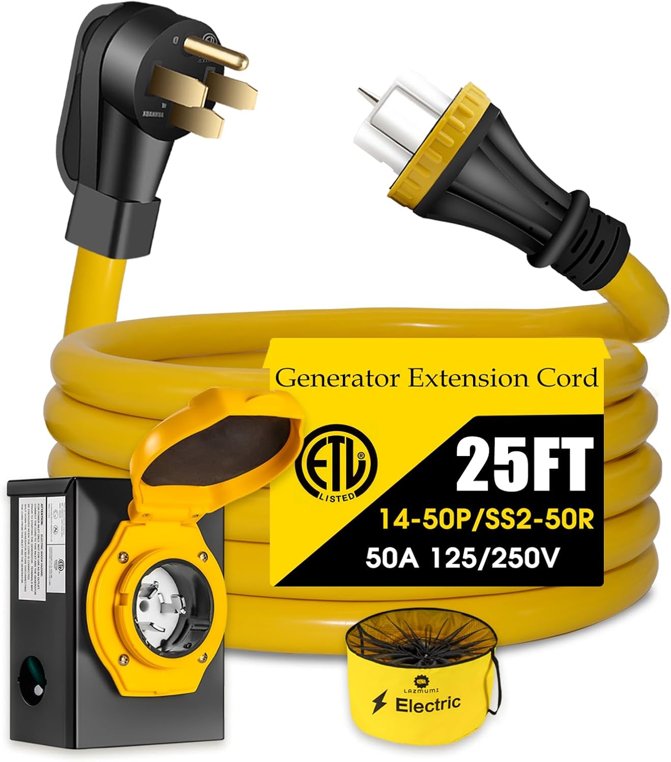 50 Amp Generator Cord with Pre-Drilled Power Inlet Box, Real Heavy Duty STW 6/3+8/1 AWG,125V/250V NEMA 14-50P to SS2-50R Generator Extension Cord with 50A Inlet Box,UL&ETL Listed (25FT)
