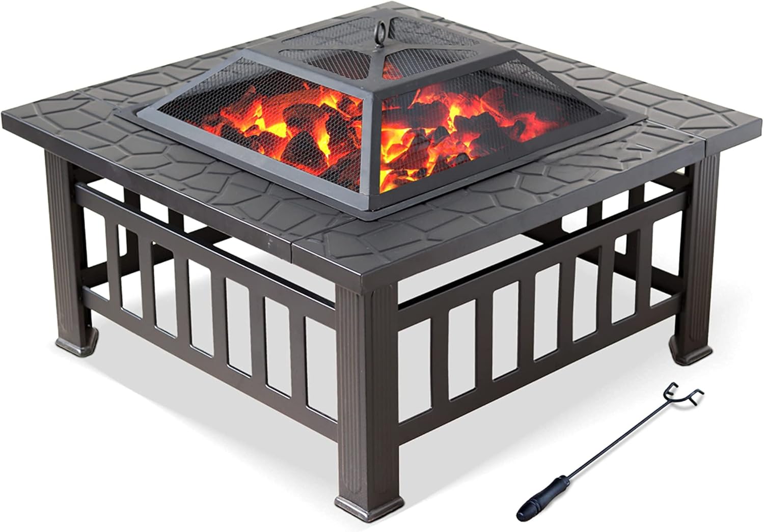 3-in-1 Fire Pits & BBQ Grill & Ice Buckets, Wood Burning Steel Firepit Bowl, Outdoor Heater Heating Basin w/Spark Screen, Fireplace Poker, Grate