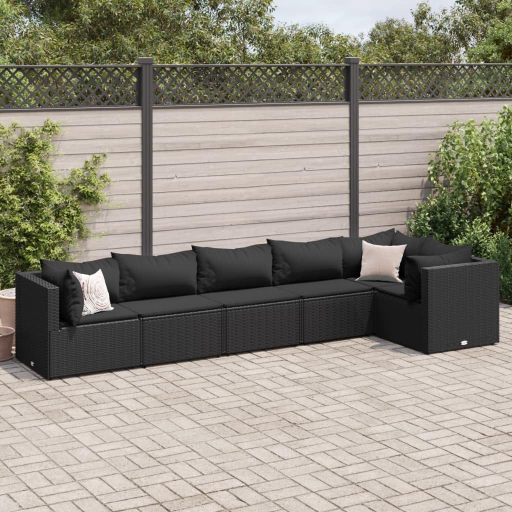 6 Piece Patio Lounge Set with Cushions Black Poly Rattan,Outdoor Rattan Lounge Set: Modular, Weatherproof, Comfortable Patio Furniture, Outdoor Furniture Sets