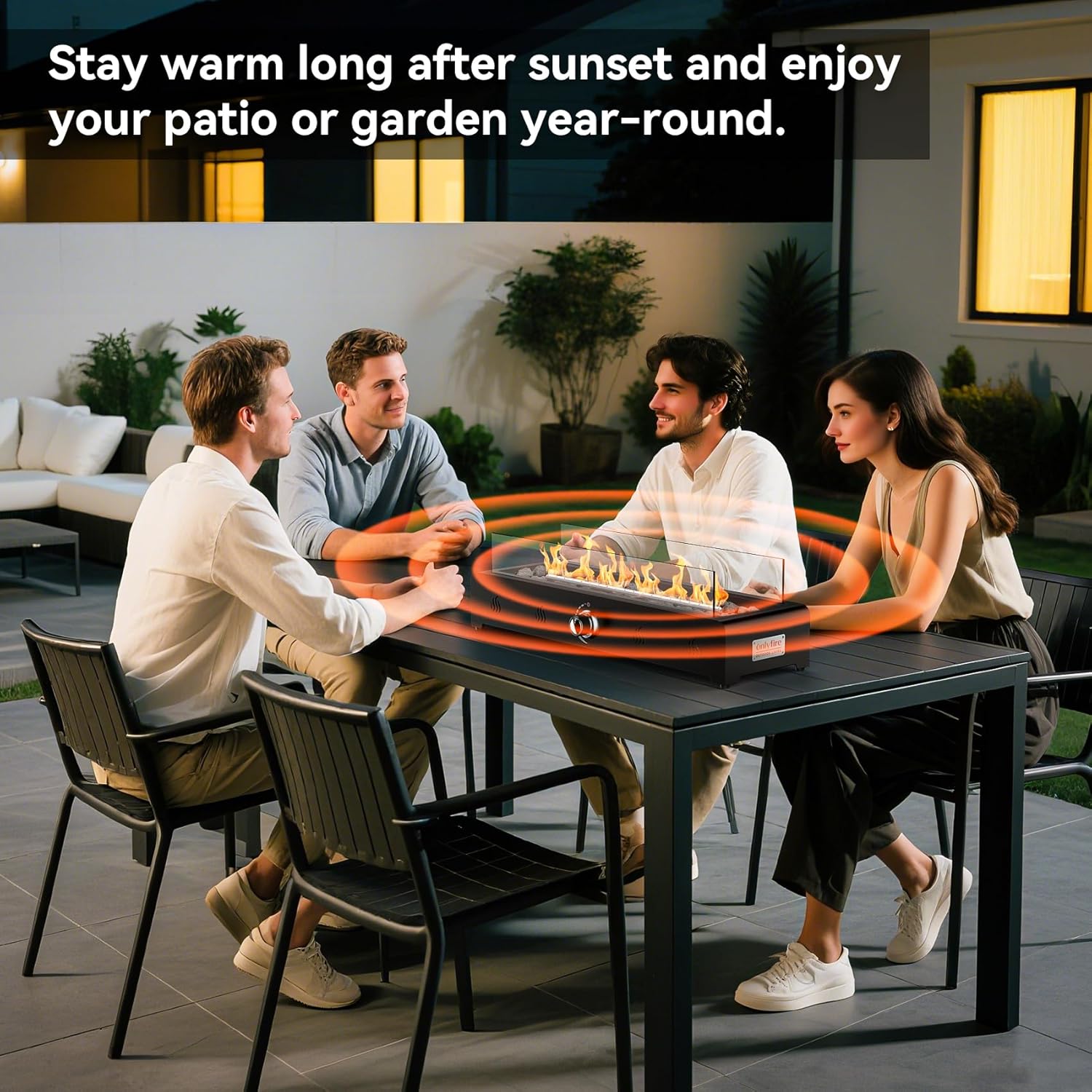 Onlyfire 28'' Tabletop Fire Pit, Outdoor Propane Gas Firepit Side-Mounted for Most Tables, Glass Wind Guard and Lava Rock, Rectangular Smokeless Fire Table Top Fireplace