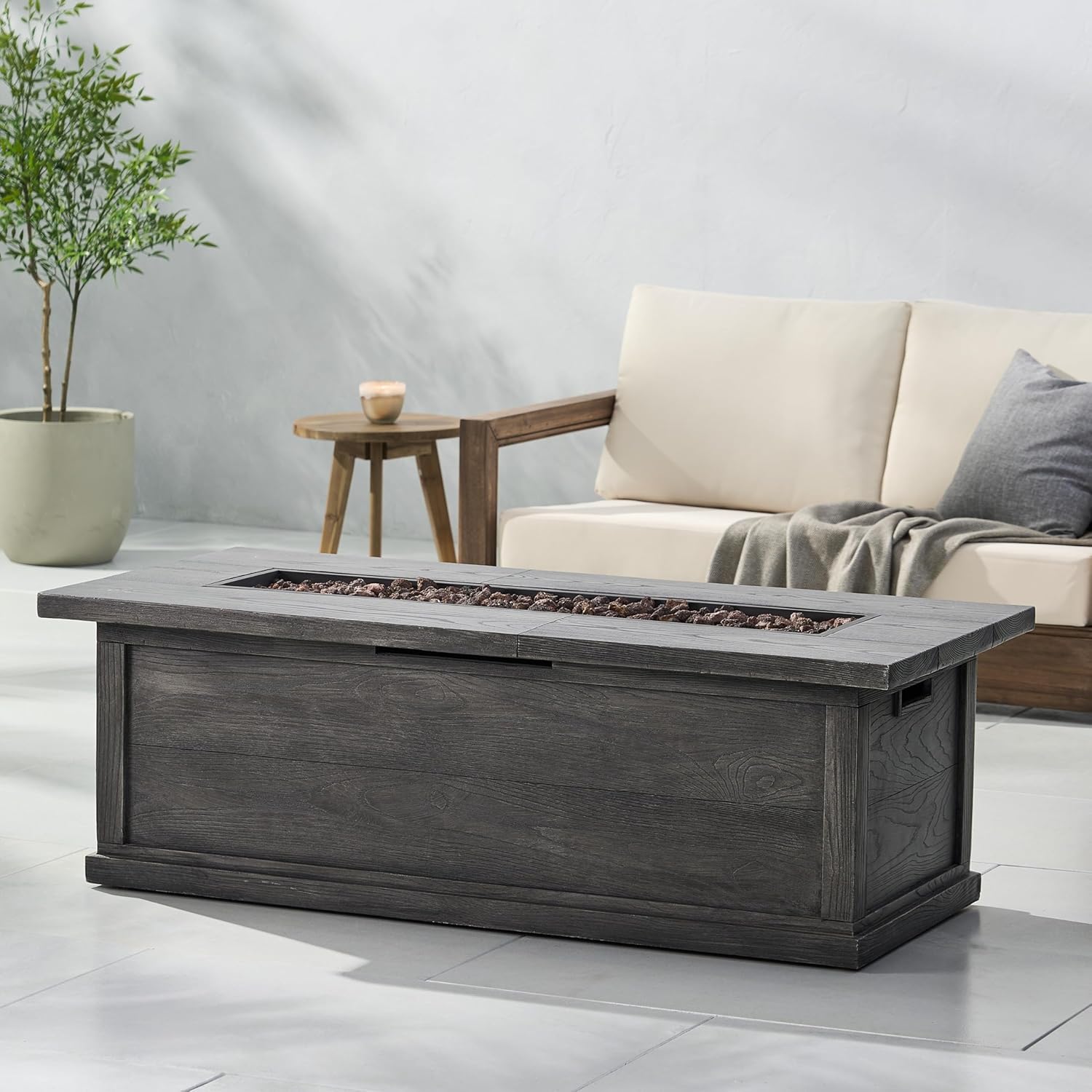 Roomfitters Outdoor Rectangular Fire Pit Table with Wood-Look Magnesium Oxide Base, 56