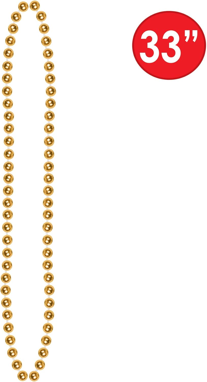 Beistle Gold Party Beads – 720 Pack, Small Round Plastic Bead Necklaces, Bulk Solid Color Celebration Wear & Event Accessories for Large New Year’s Eve Events, Parades, and Festive Décor, 33”