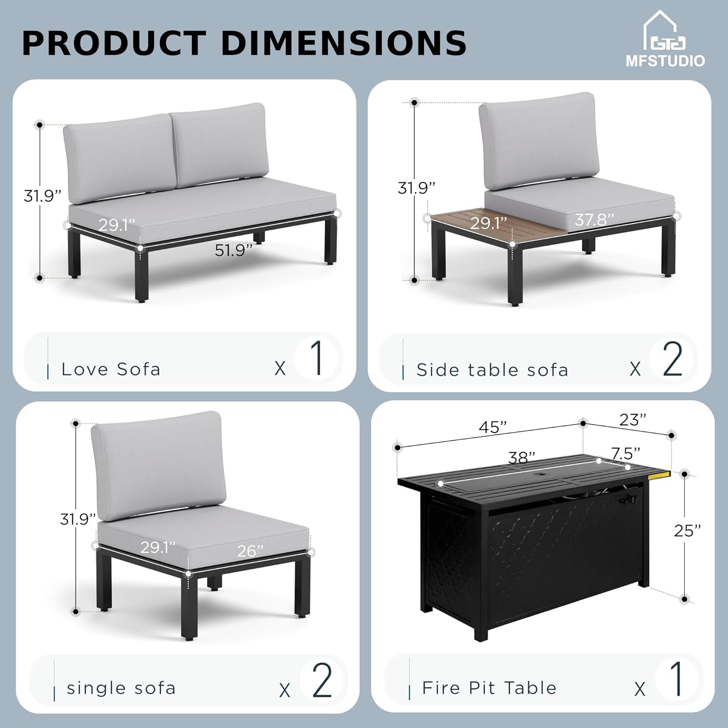 MFSTUDIO 6 Pieces Outdoor Patio Furniture Set with Fire Pit Table, Metal Outdoor Sectional Sofa Conversation Set for Backyard,Garden