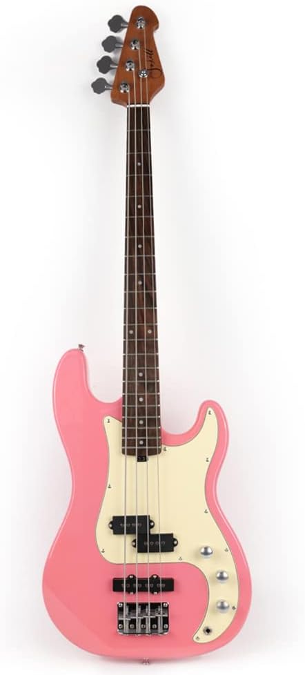 Fojill Full Size Standard Electric Bass Guitar Four 4 String Right Hand Handed Basswood Body Roasted Canadian Maple Neck Genuine Rosewood Fretboard Fingerboard with Gig Bag (Pink)