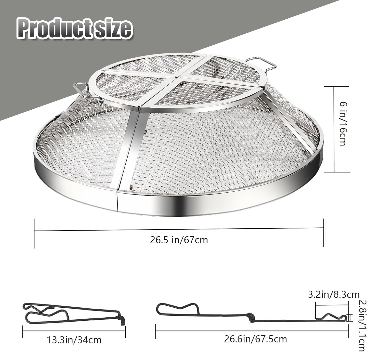 Stainless Steel Fire Pit Spark Screen, 15-27 Inch Mesh Cover, Heat-Resistant Dome Protector with Reinforced Crossbars (2-Generation Brazier Cover is 27 inches)
