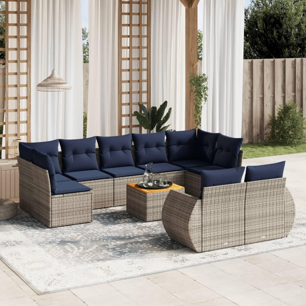 10 Piece Garden Sofa Set, Grey Poly Rattan Outdoor Furniture with Cushions, Acacia Wood Tabletop, Modular Patio Seating for Backyard, Terrace, UV-Resistant, 110kg Capacity