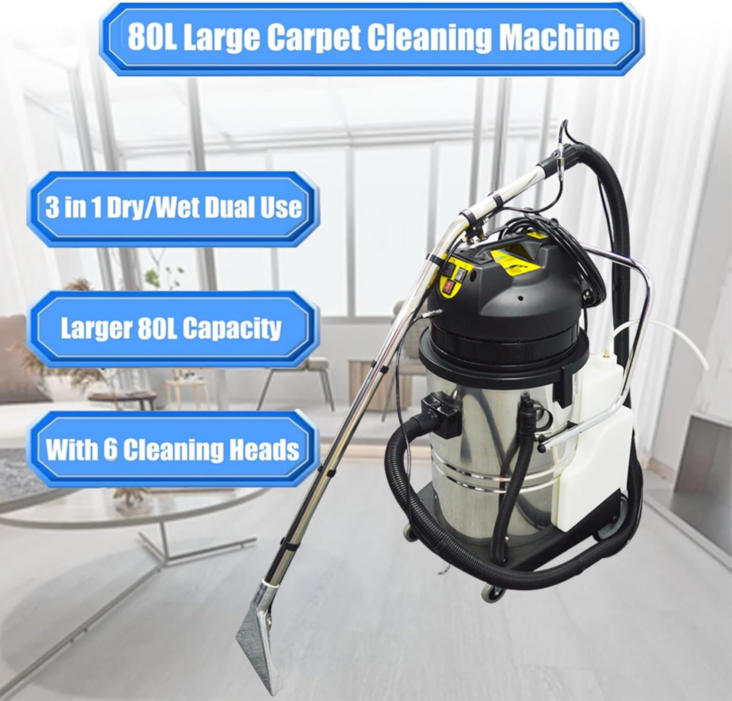 Commercial Carpet Cleaner 80L/21Gal Heavy-Duty 3 in 1 Extractor Machine (Spray,Vacuum,Wash) for Hotel/Office with 23ft Cord & Steel Drum 2000W 110V