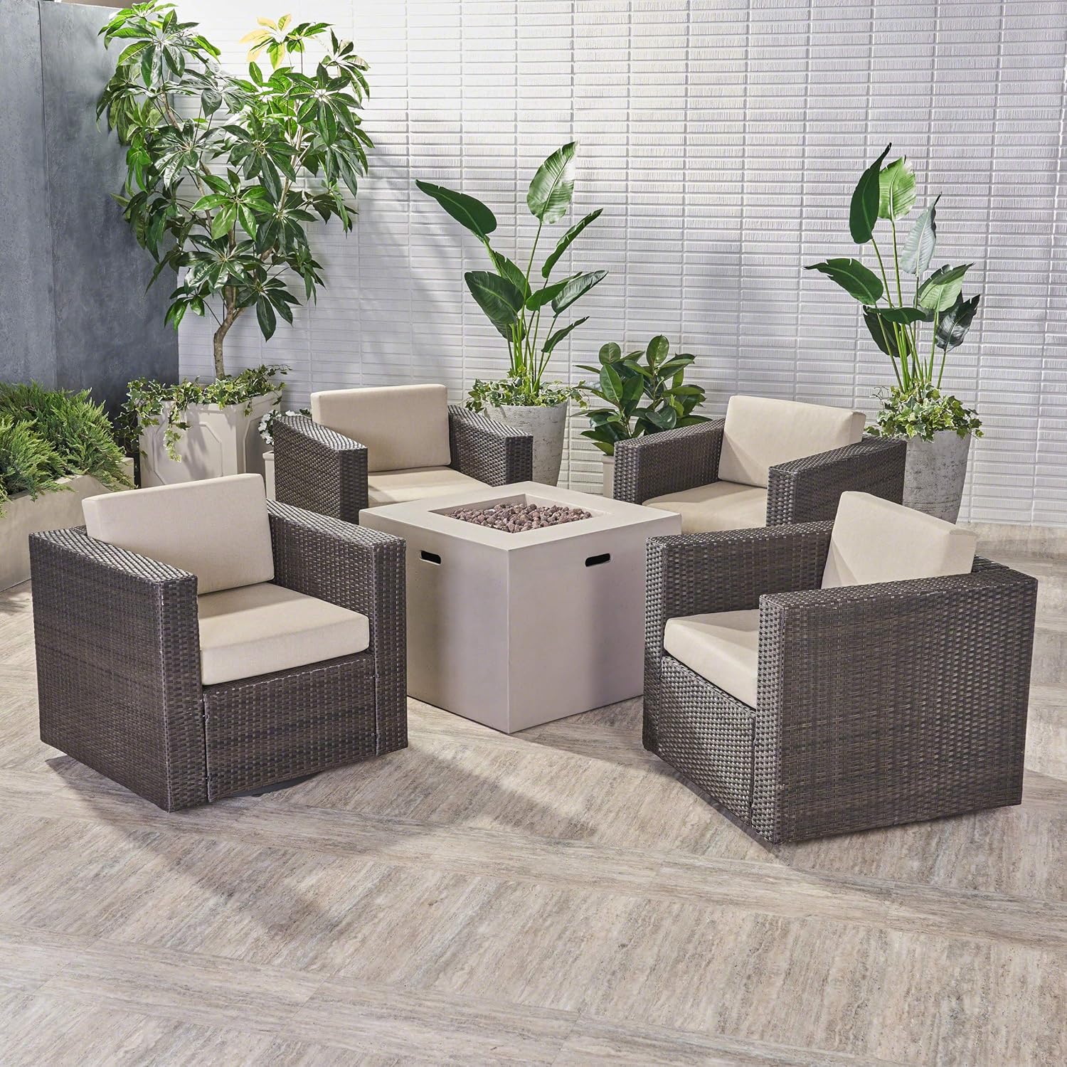 GDFStudio Outdoor 4 Piece Club Chair Set with Square Fire Pit, Dark Brown & Light Gray