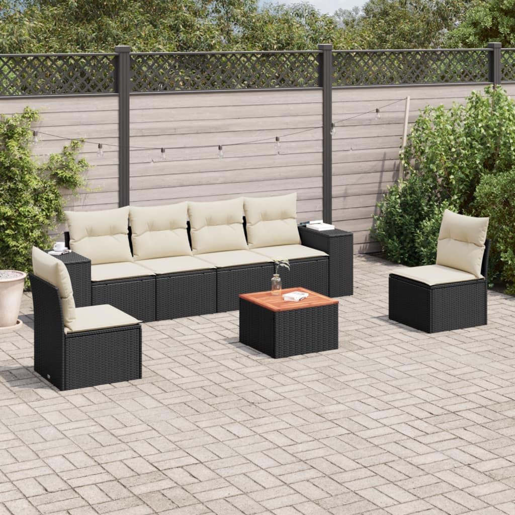 Garden Sofa Set Black Poly Rattan, Large Modular Outdoor Patio Furniture, 7-Piece Seating for 6, Acacia Wood